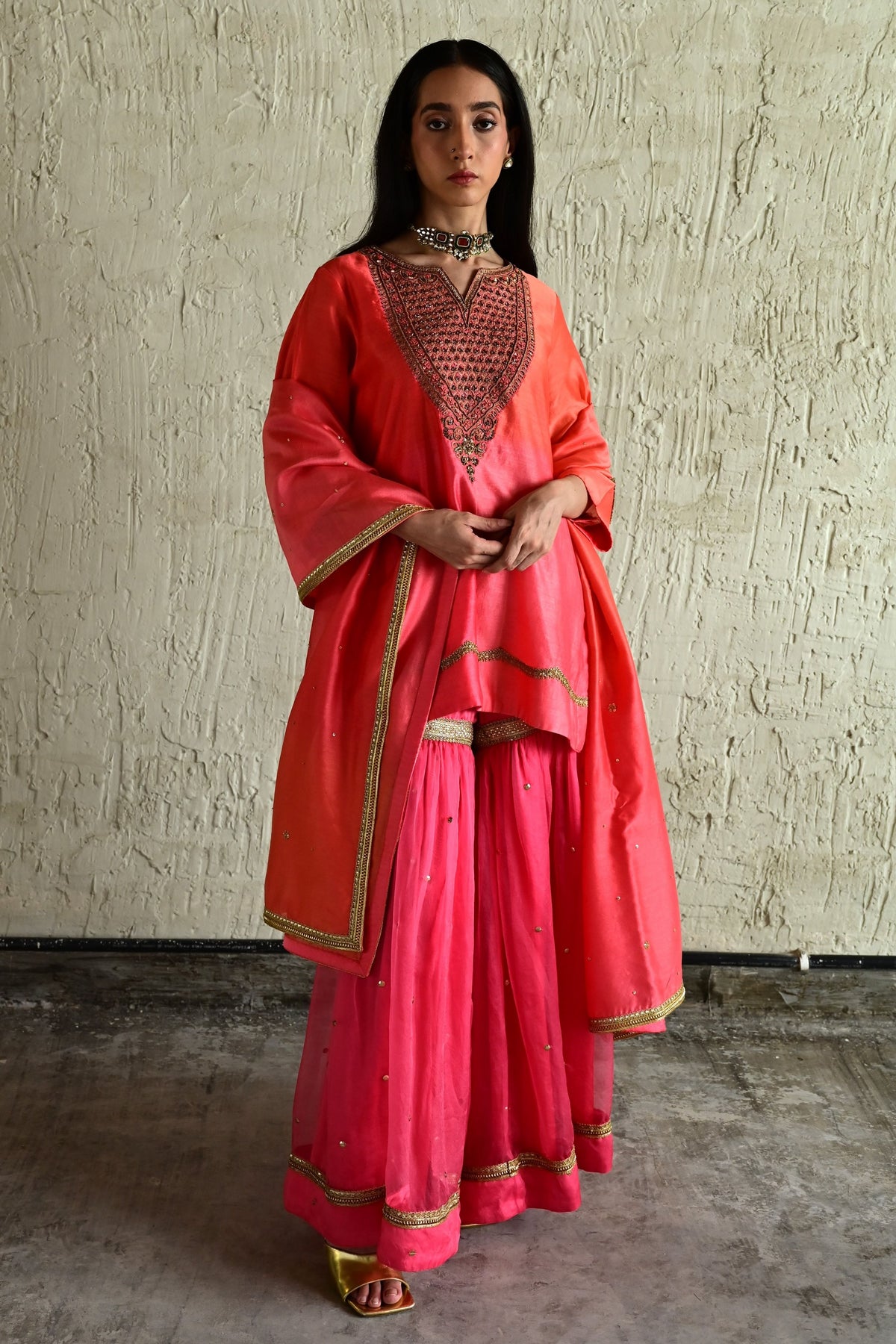 Coral Pink Ghevar Kurta Set