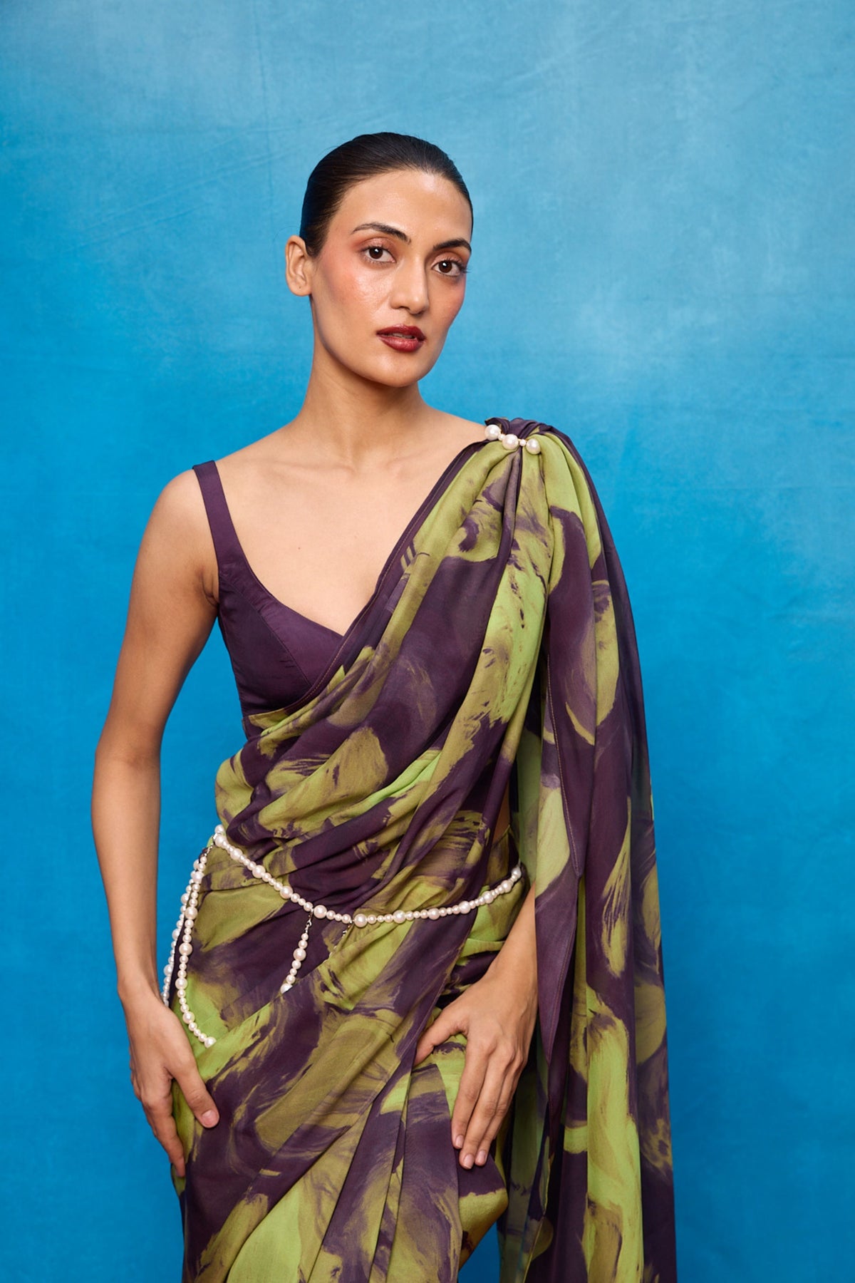 Purple & Pista Brush strokes Saree