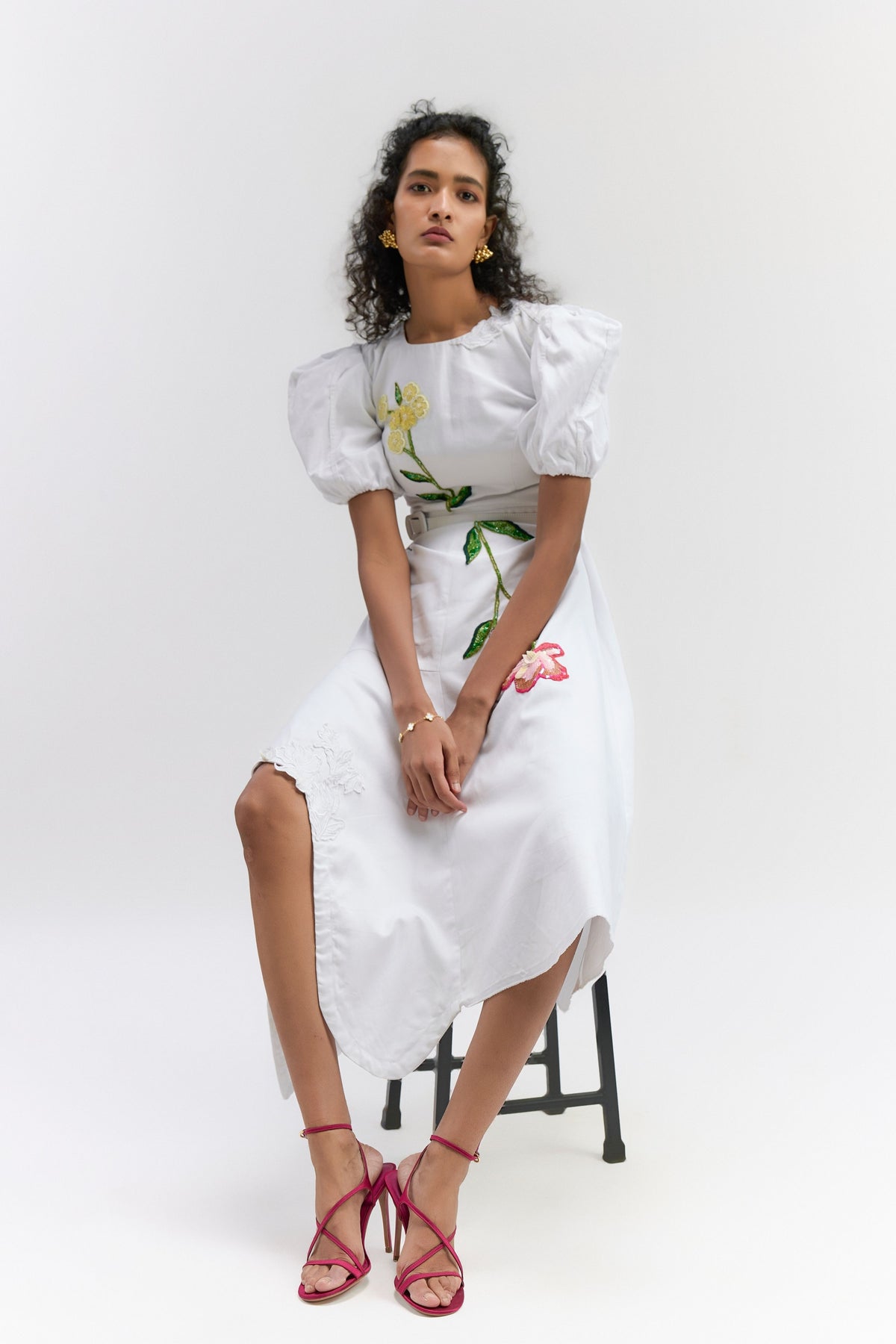White Twill Cotton Midi Dress