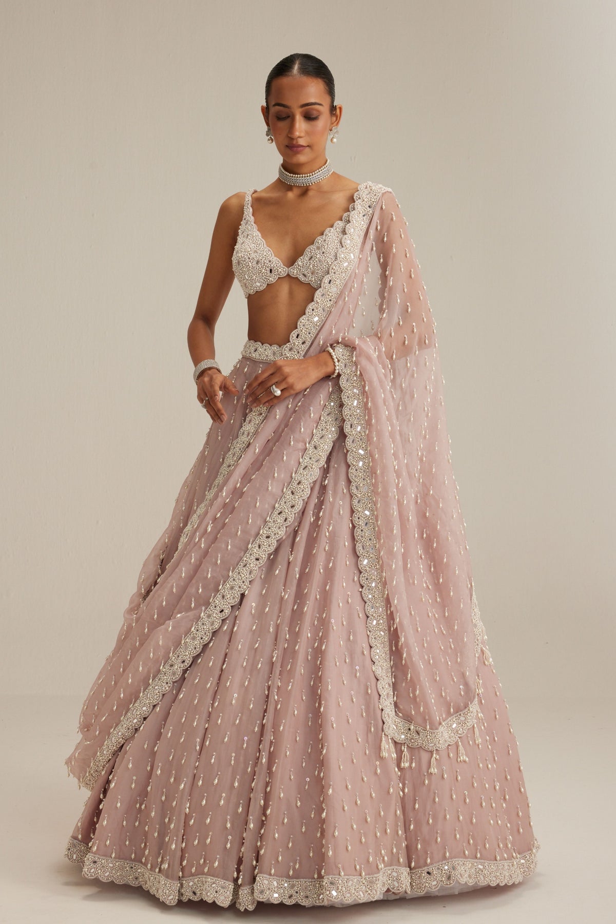 Ash Pink Pearl Drop Lehenga Set