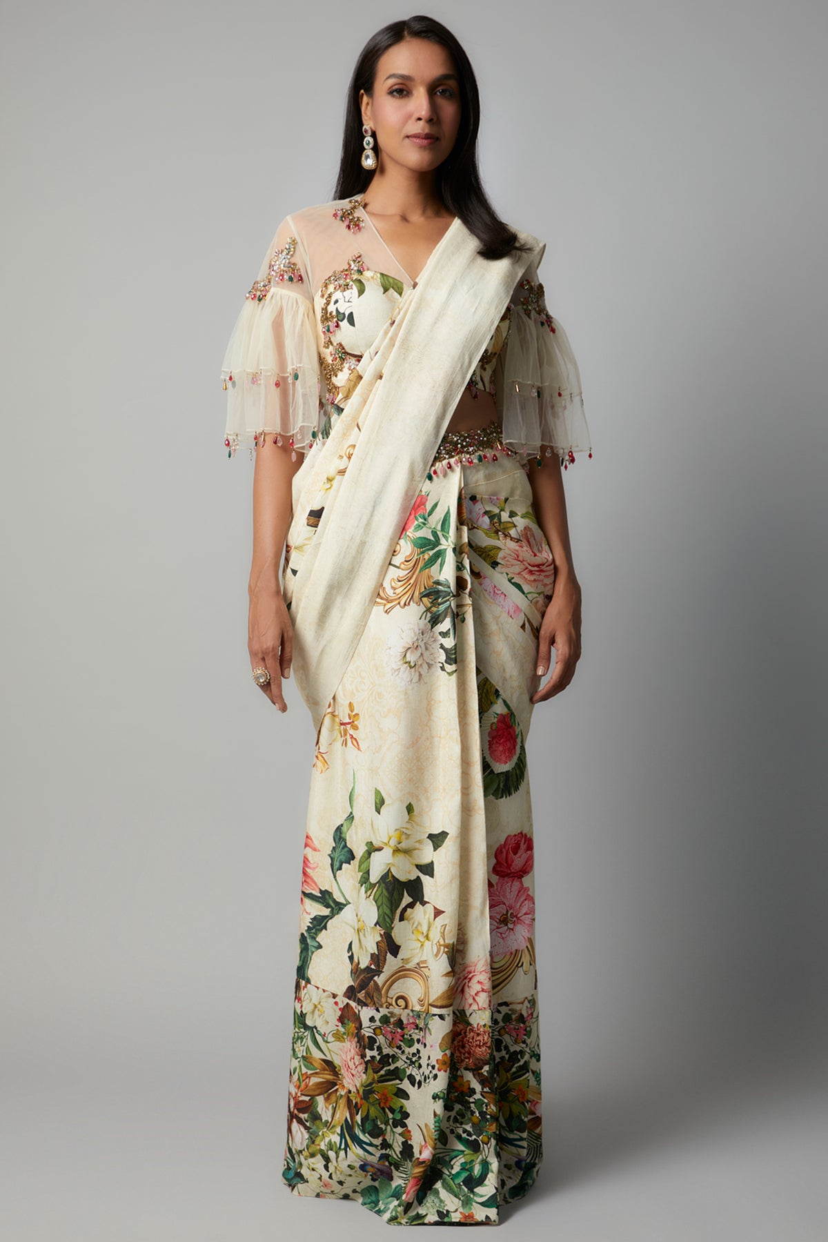 Ivory Botanical Printed Saree Set