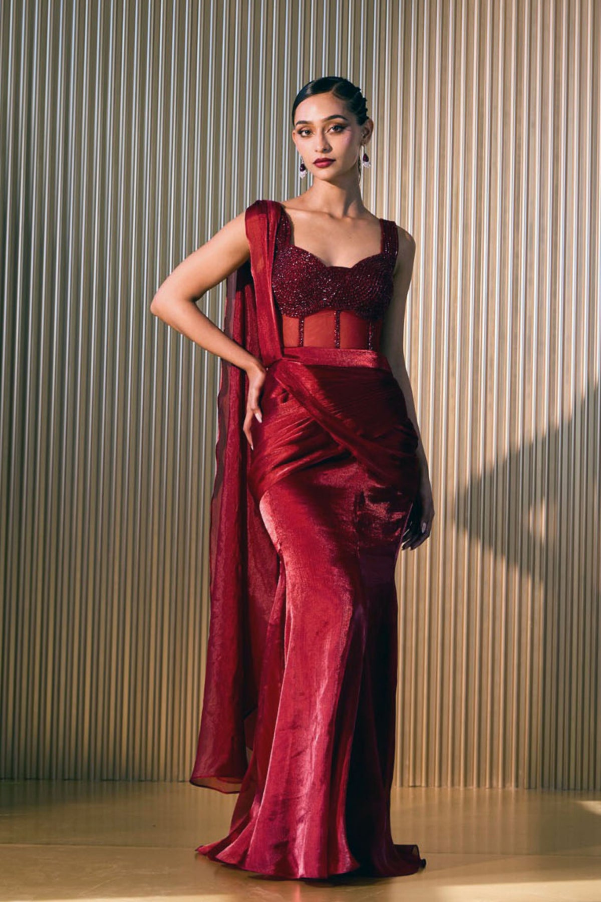 Garnet Draped Saree Set