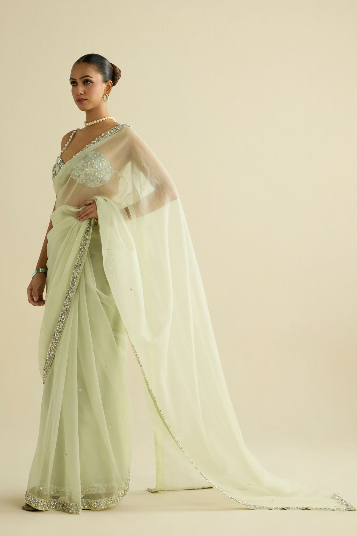 Sage Green Embroidered Saree Set