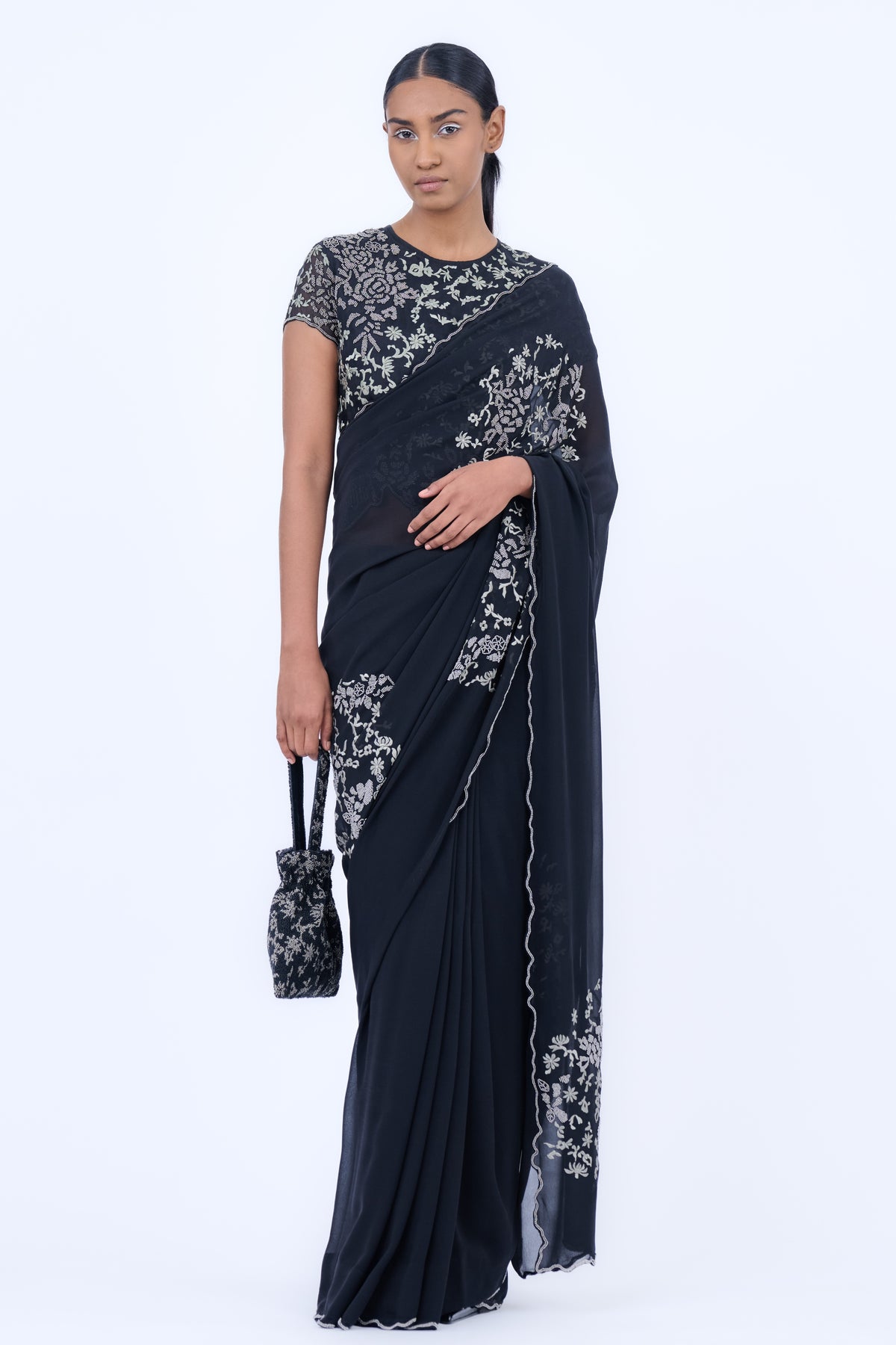 Black Threadwork Georgette Saree