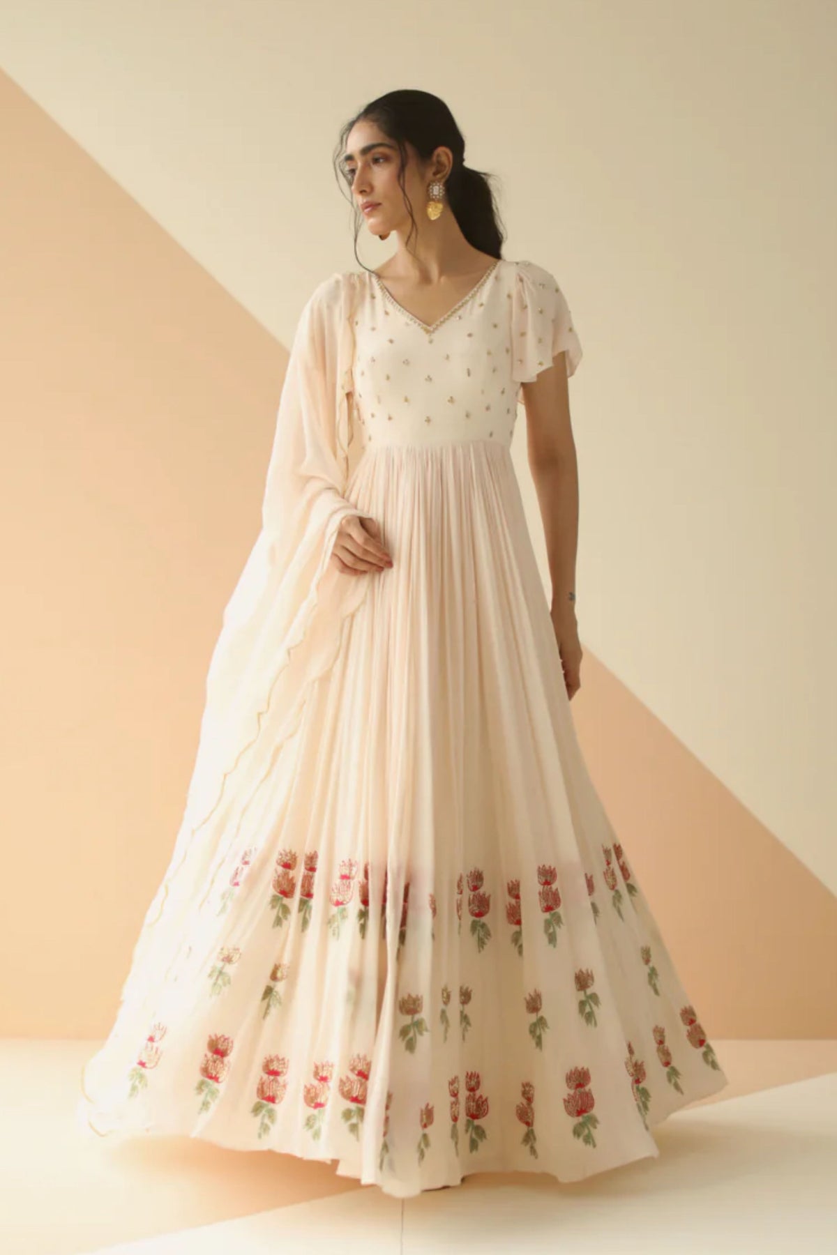 Offwhite half kali bell sleeves anarkali