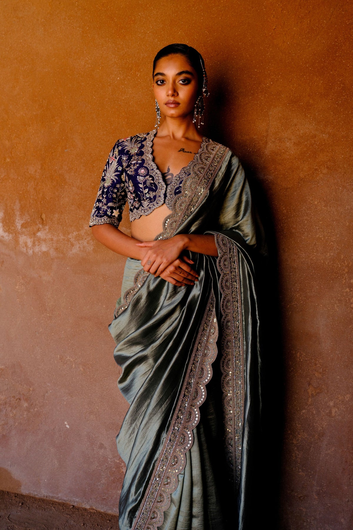 Embroidered Purple Saree Set