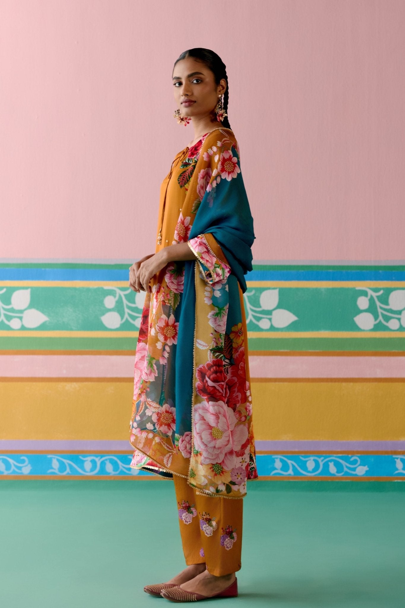 Mustard Floral Kurta Set - Label Mogra - Elahe
