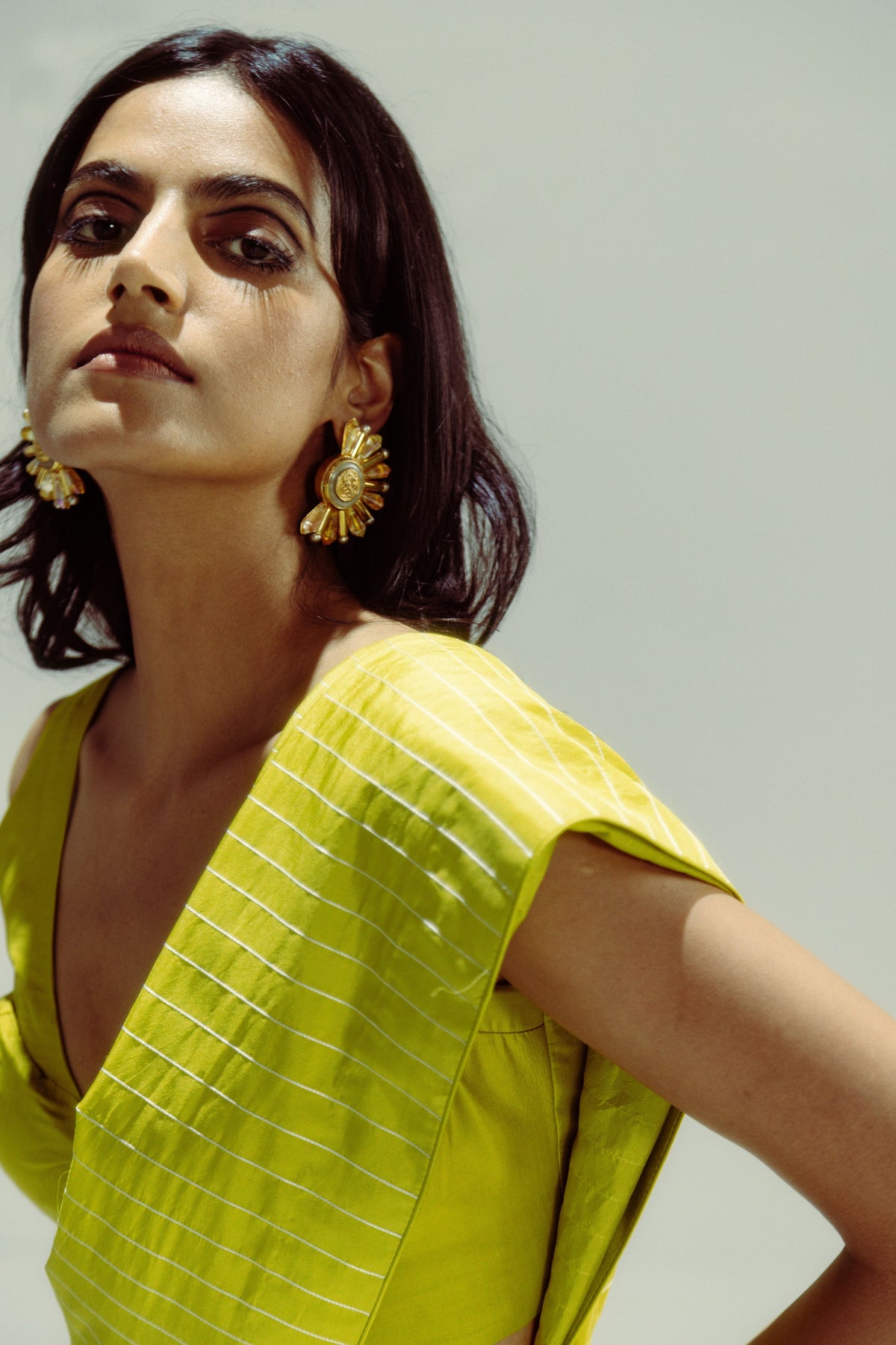 Lime Yellow Pinstripe Saree