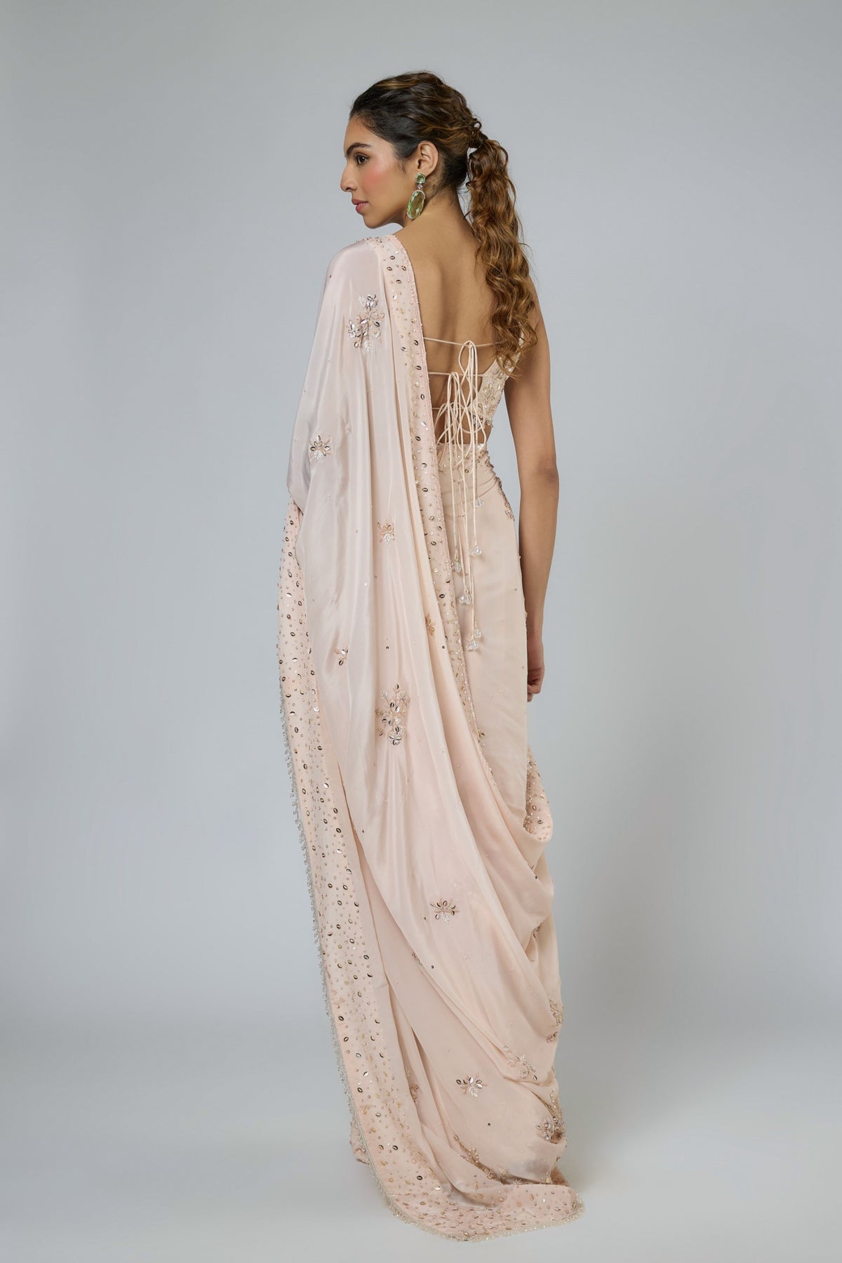 Light Peach Draped Saree Set