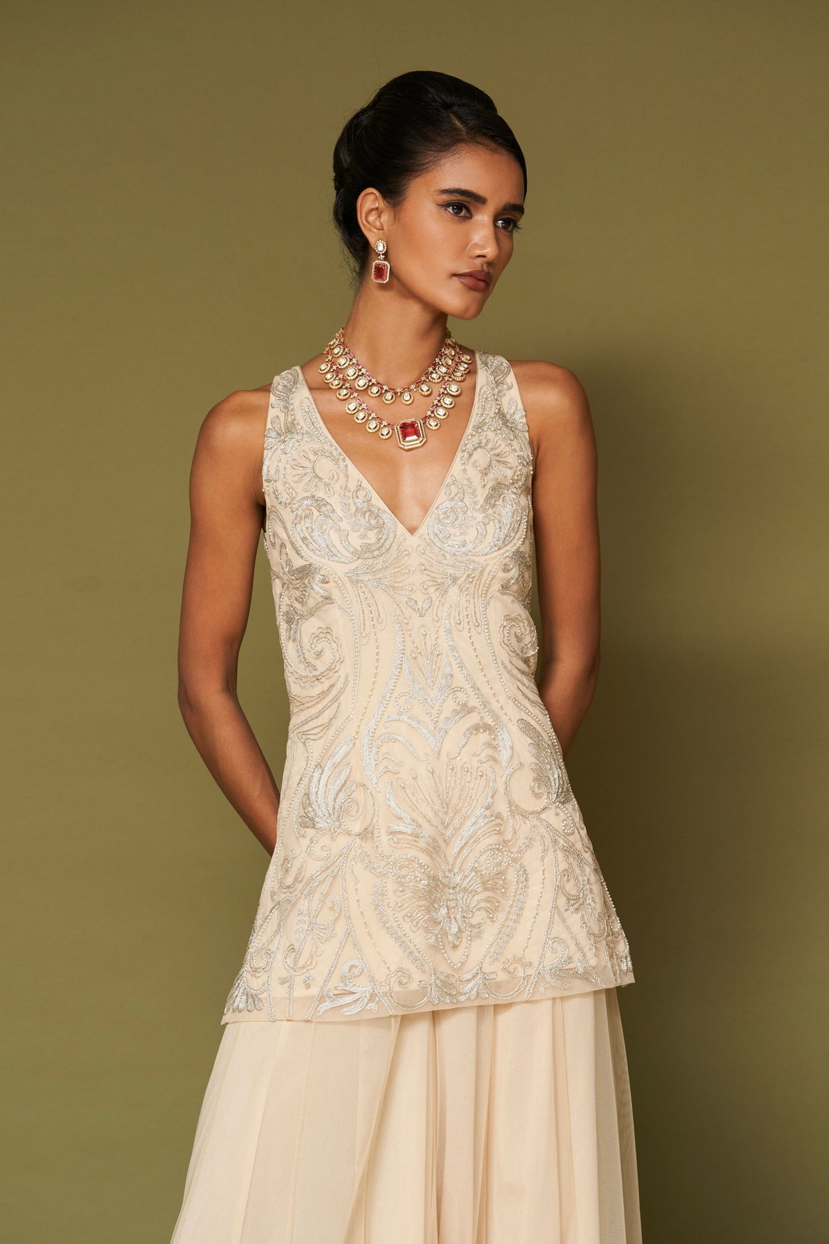 Almond Embroidered Net Sharara Set