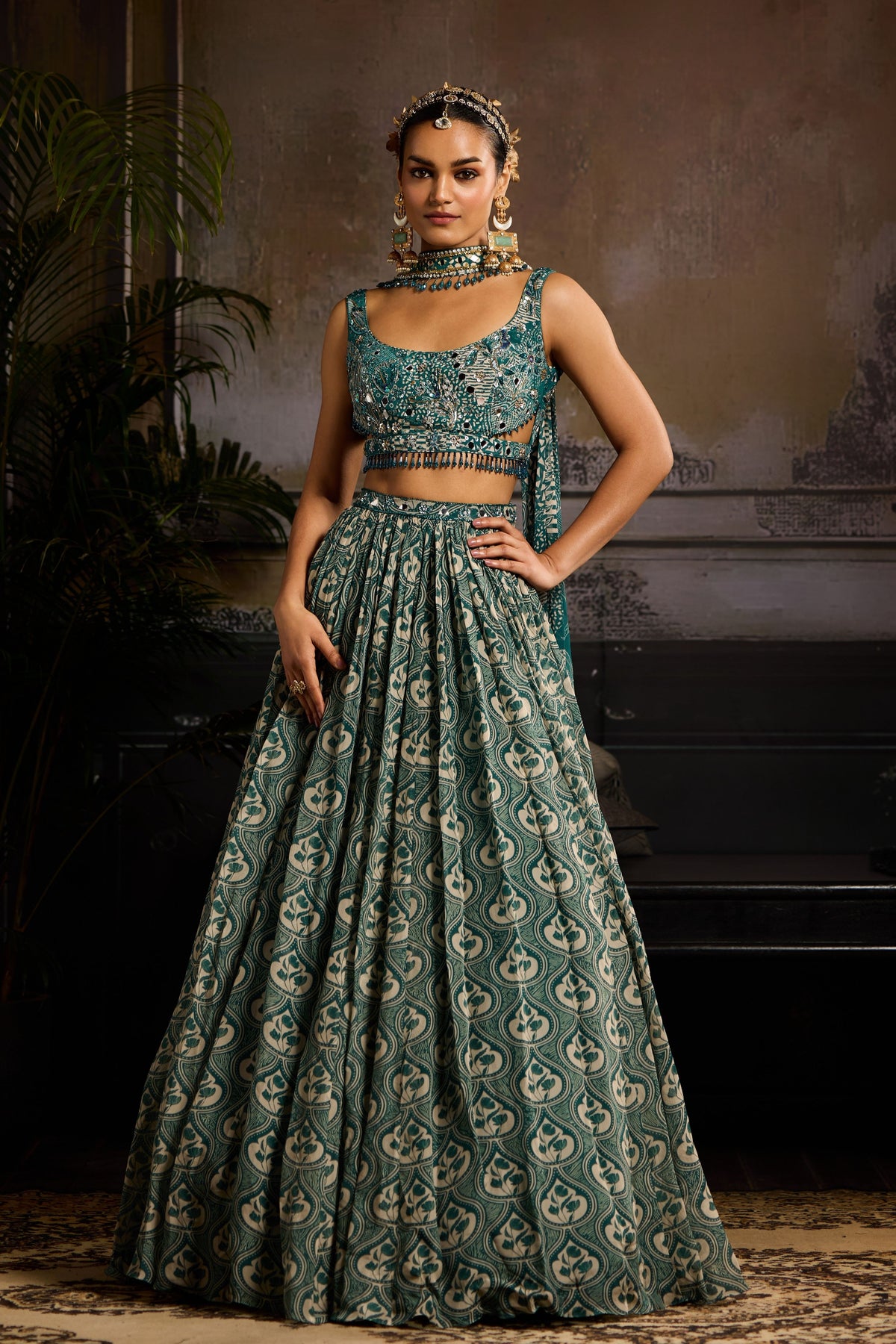 Printed Lehenga Set in Teal