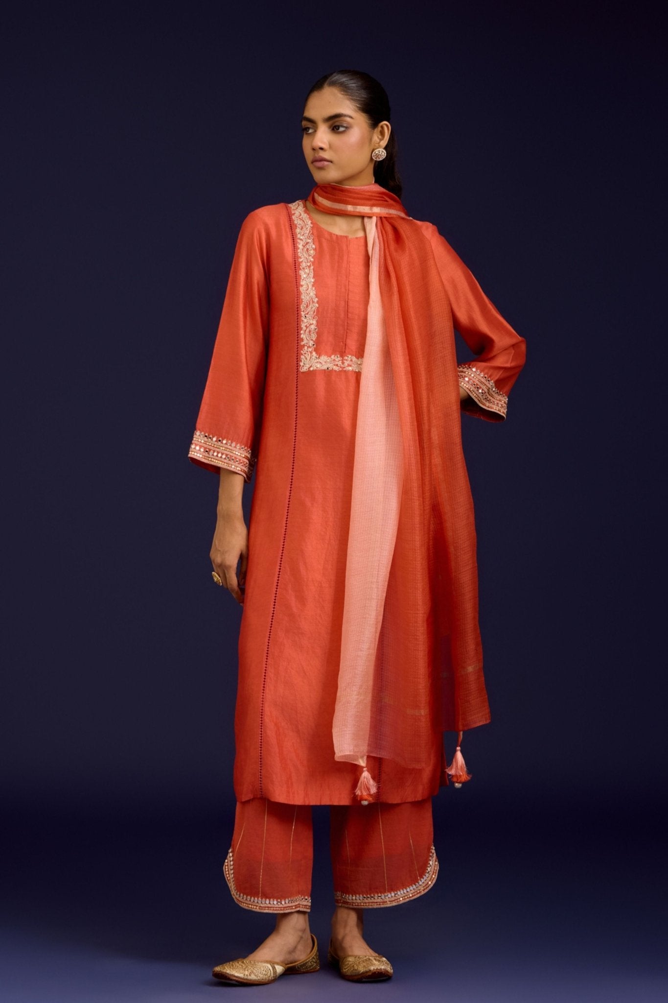 Orange Chinniya Kurta Set - Devnaagri - Elahe