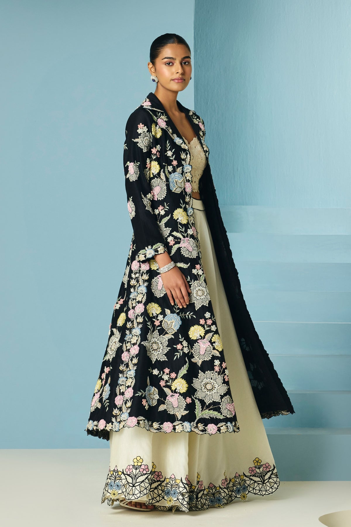 Black Multipastel Flared Long Jacket