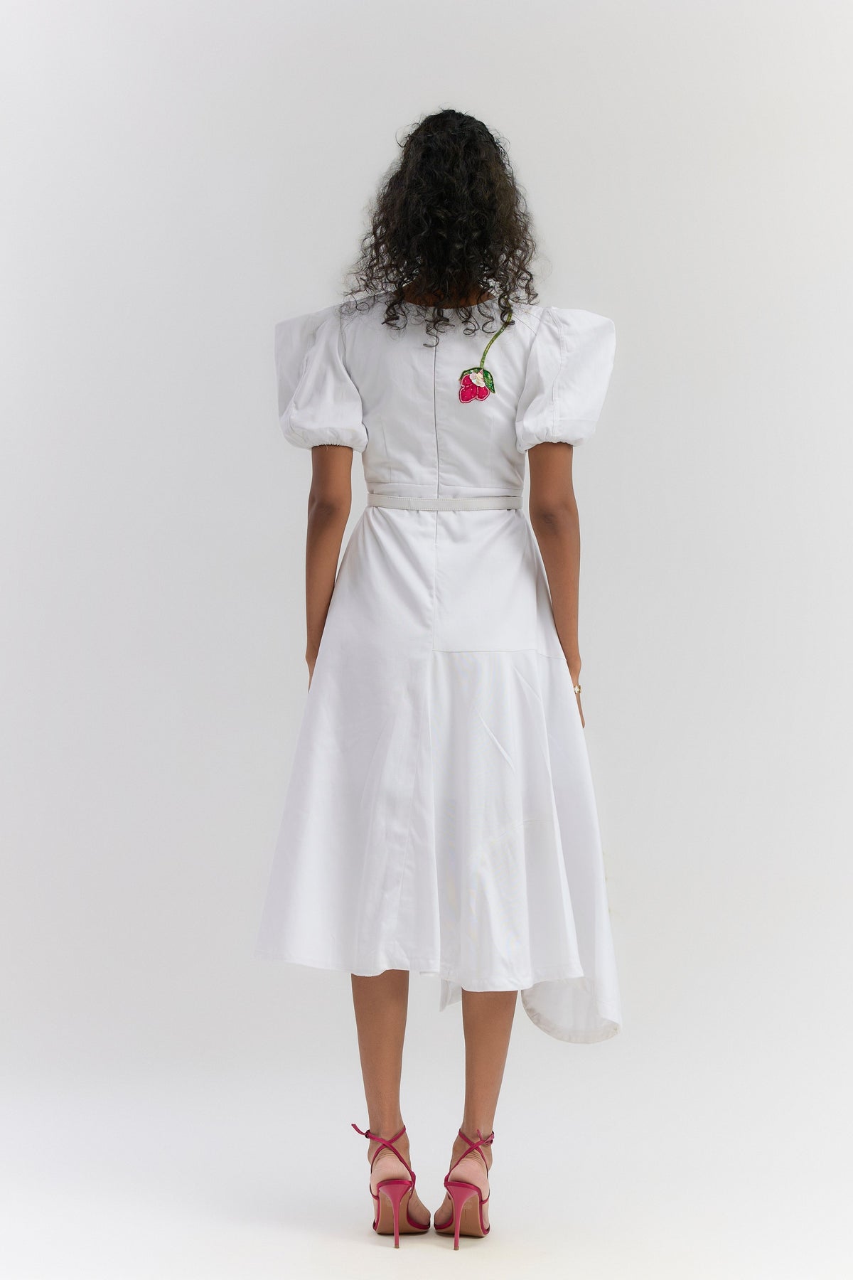 White Twill Cotton Midi Dress