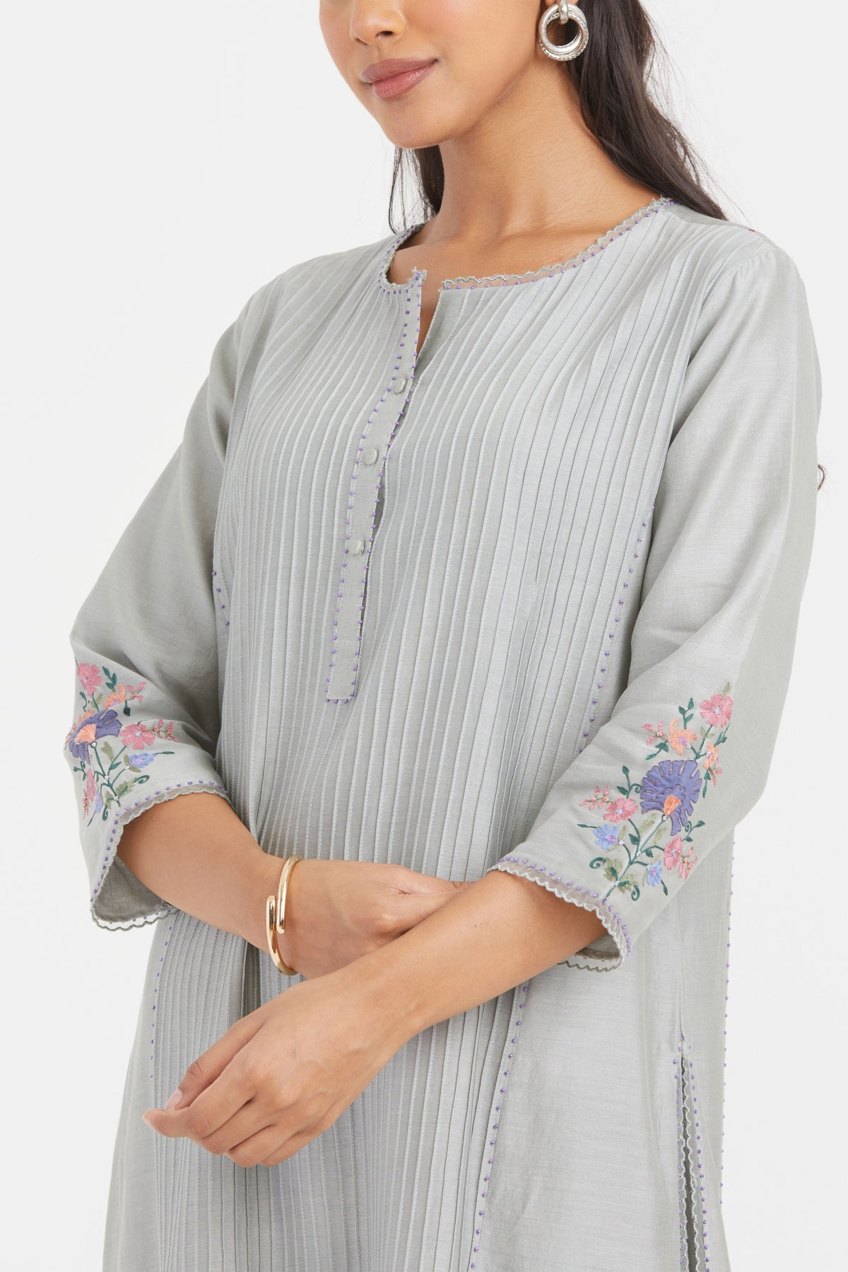 Bluish Grey Pintucks Kurta Set