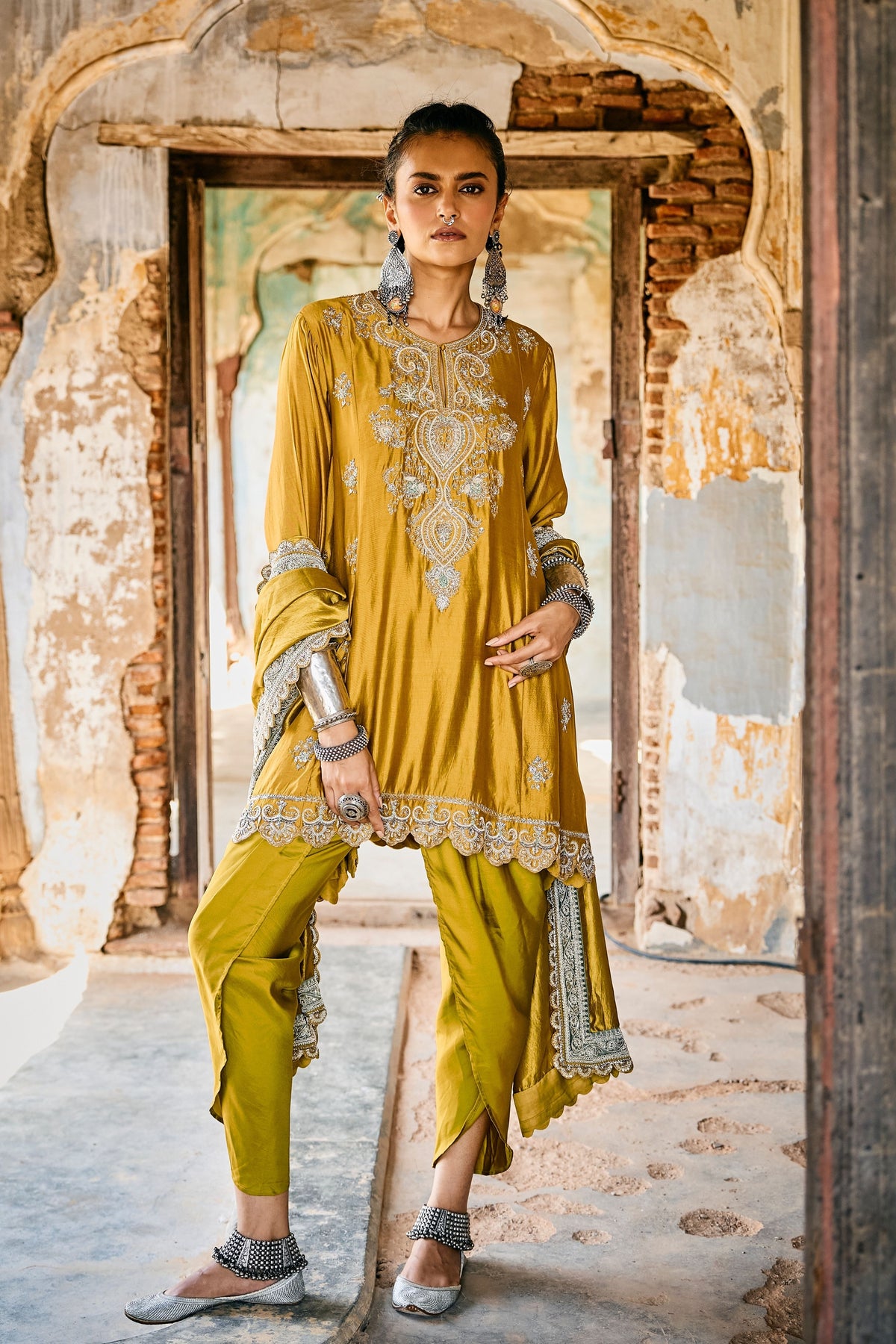 Embroidered Mustard Kurta Set