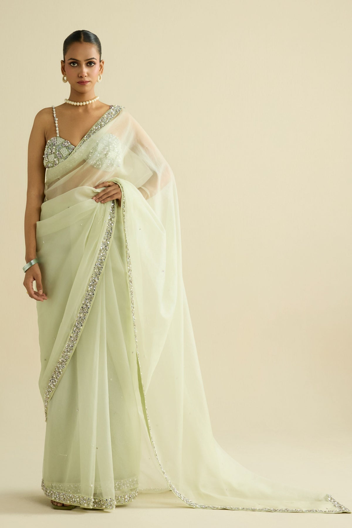 Sage Green Embroidered Saree Set