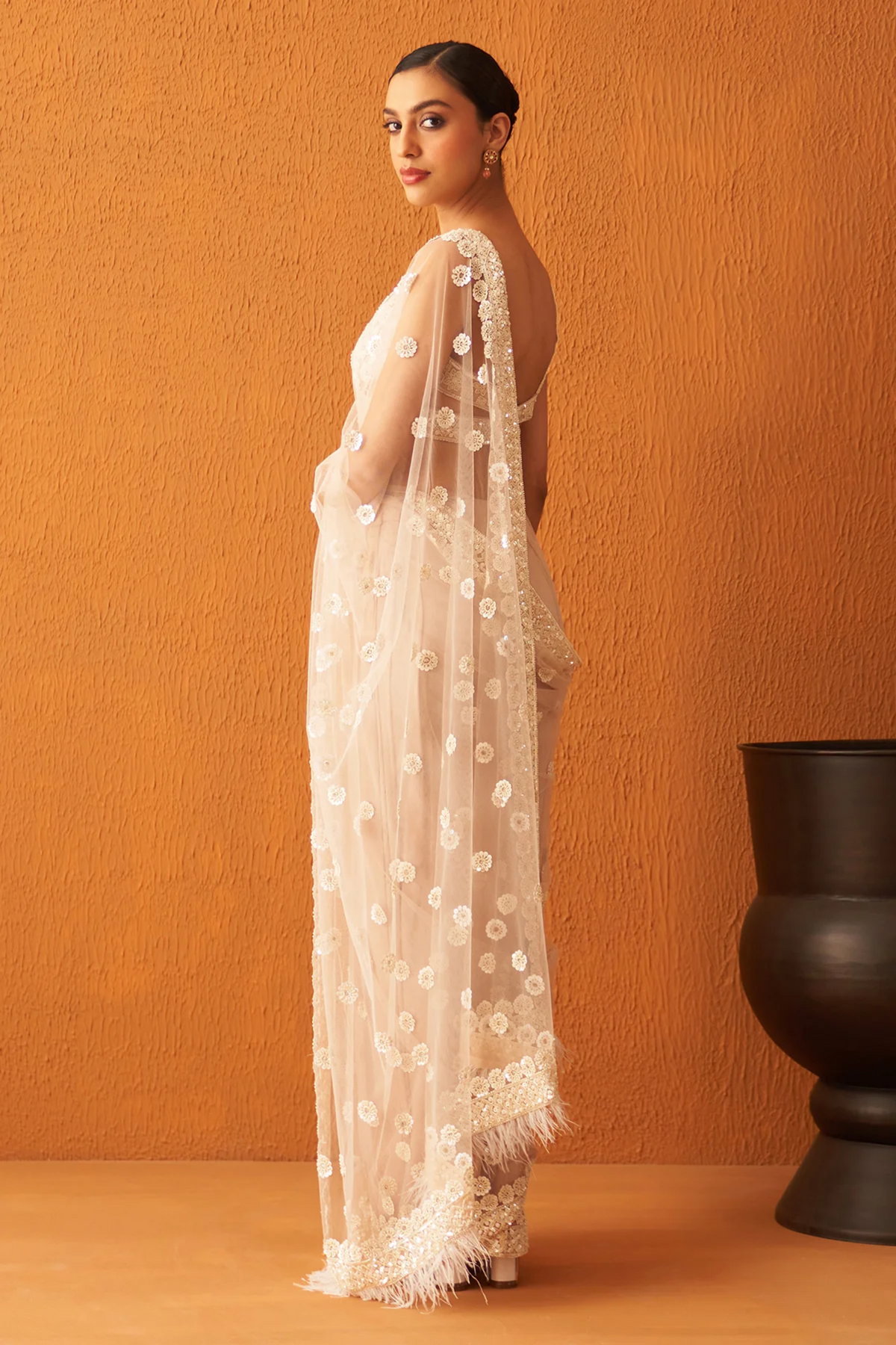 Peach Net Saree