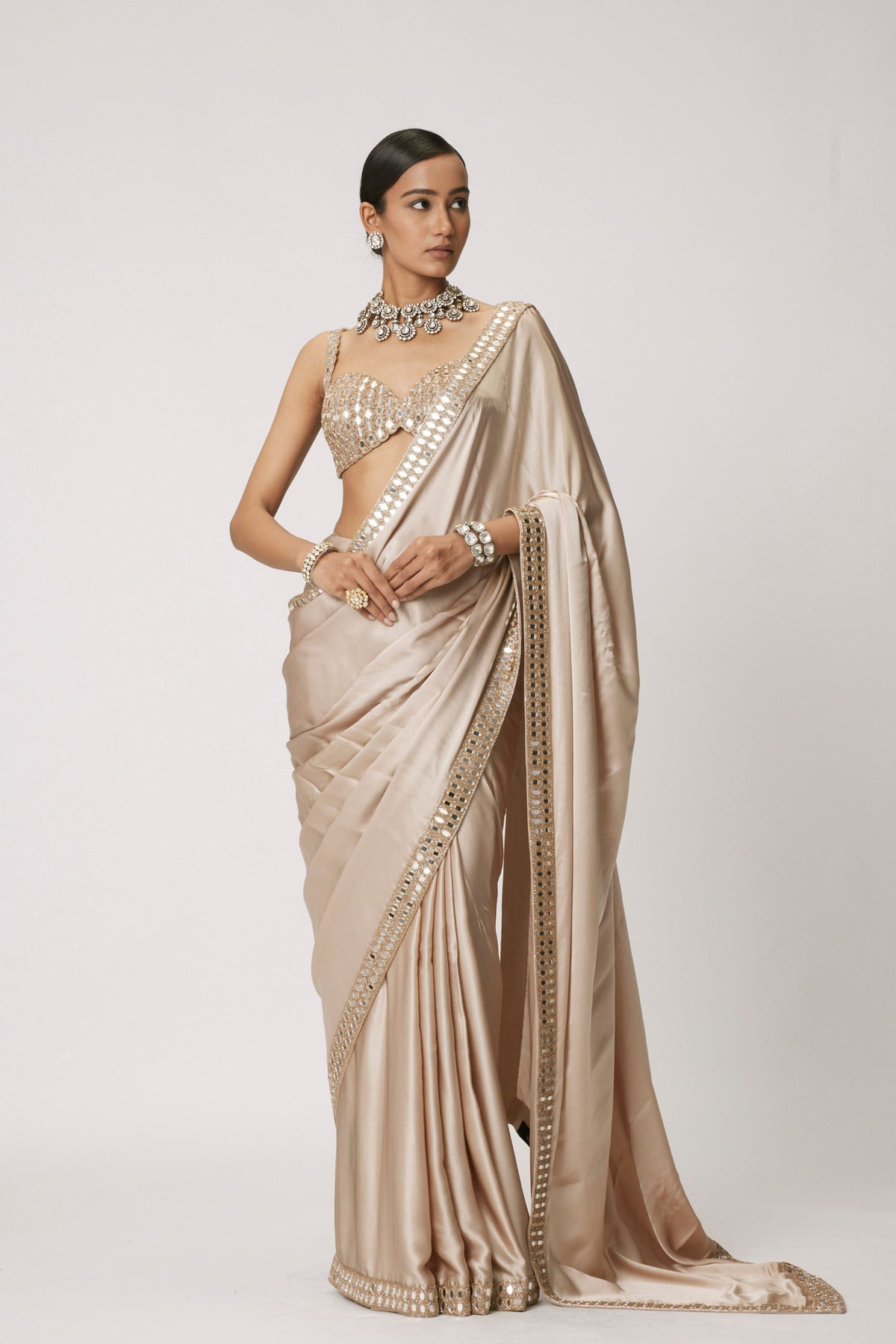 Light Beige Satin Saree Set