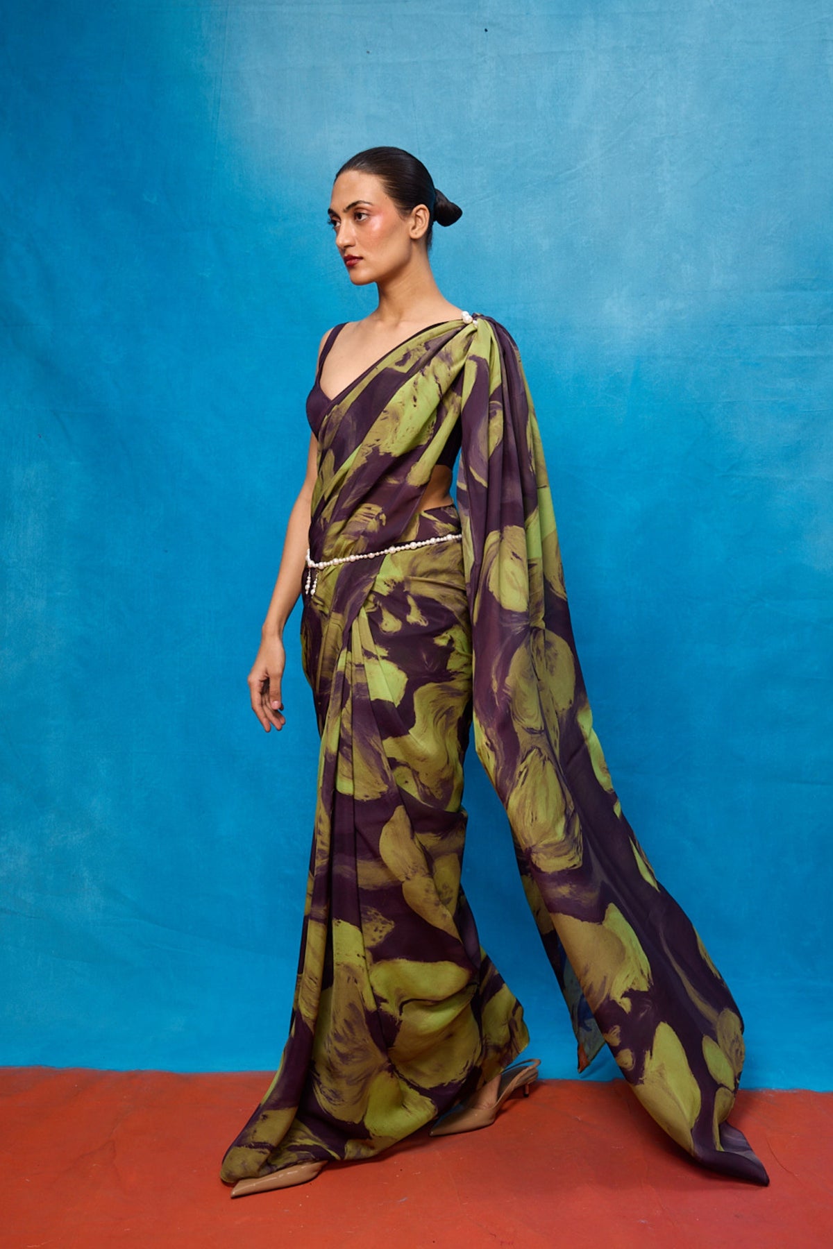 Purple & Pista Brush strokes Saree