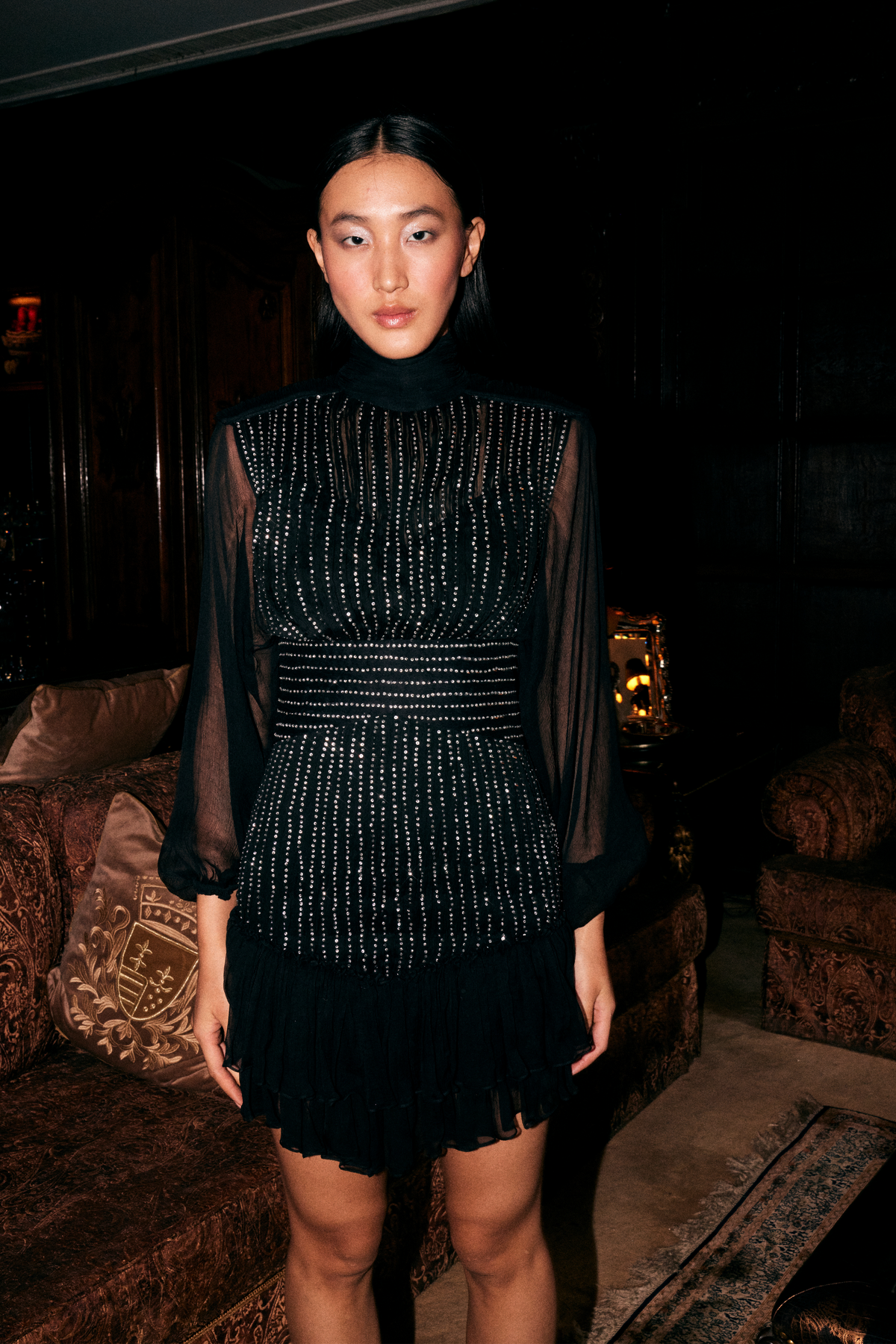 Black Chiffon High-neck Studded Dress