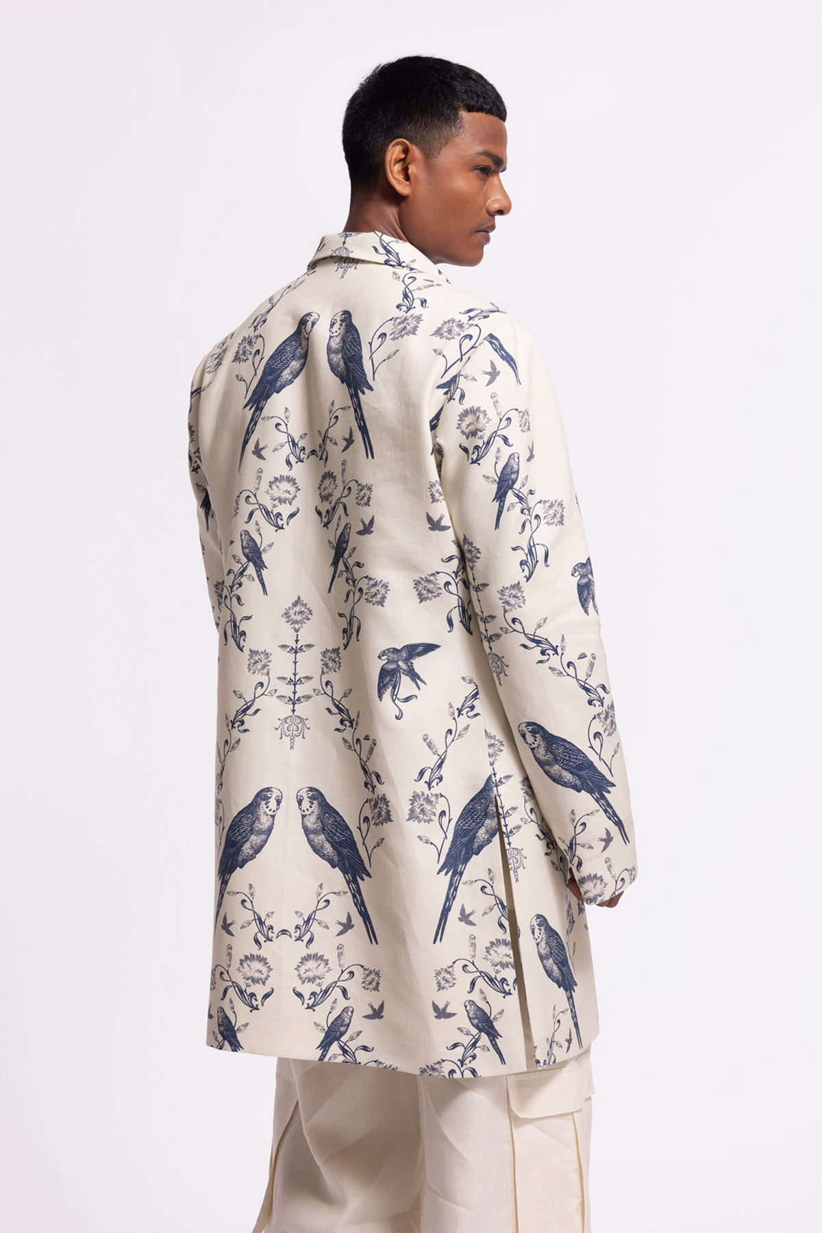 Ivory Bird-printed Long Jacket With Pockets