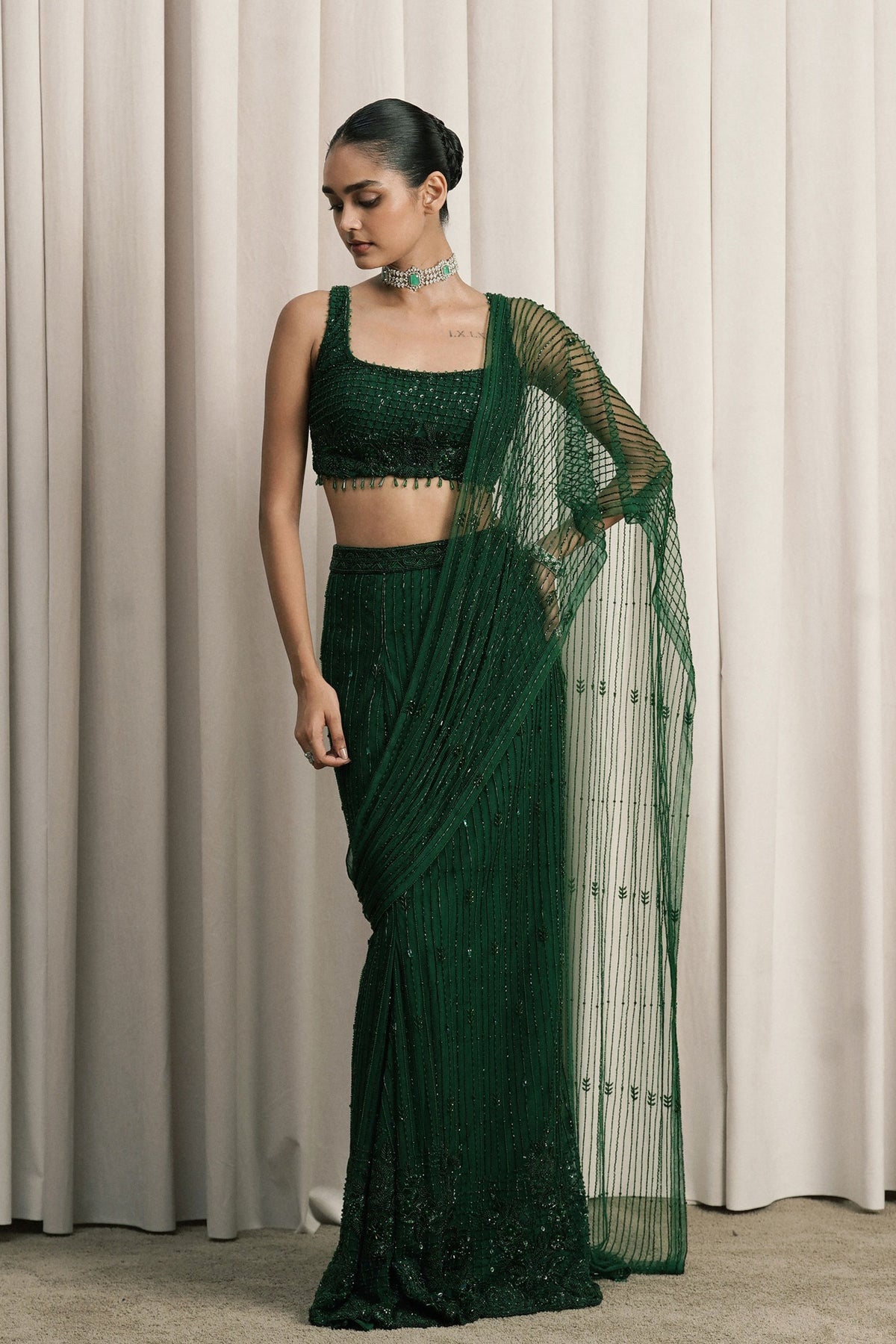 Emerald Green Embroidered Net Saree With Blouse