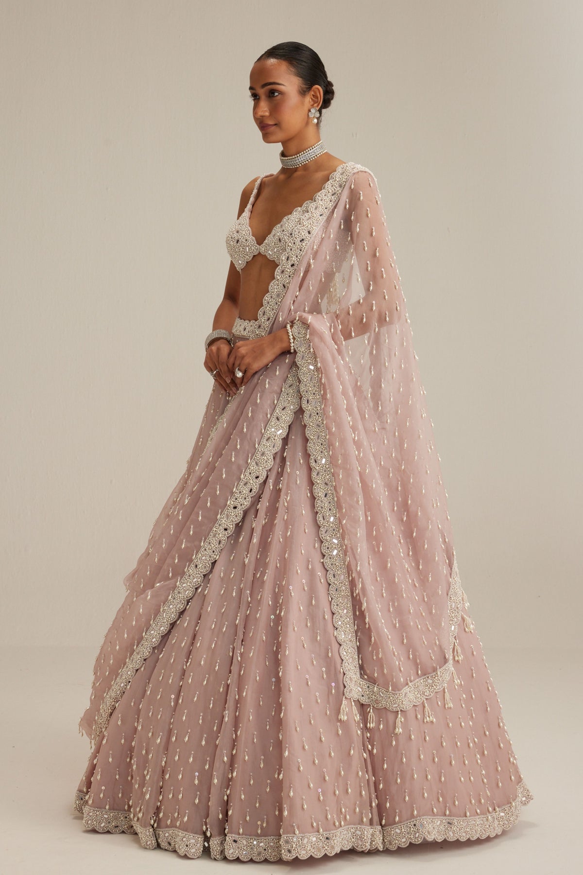 Ash Pink Pearl Drop Lehenga Set