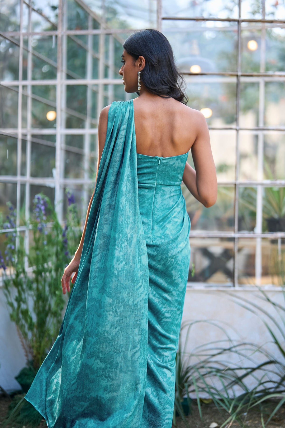 Aqua Blue Draped Sari Gown