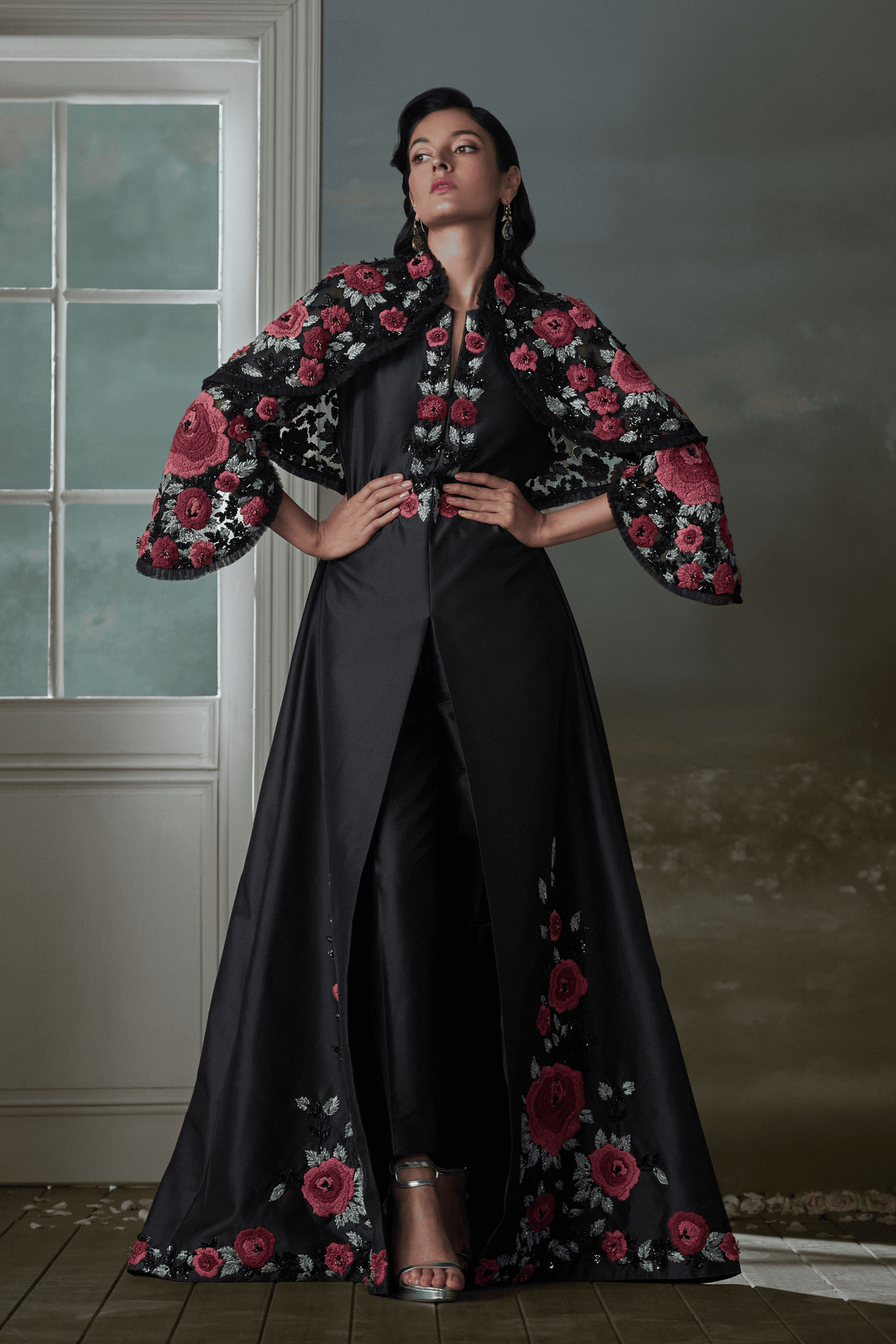 Floral Embroidered Black Long Dress  Set
