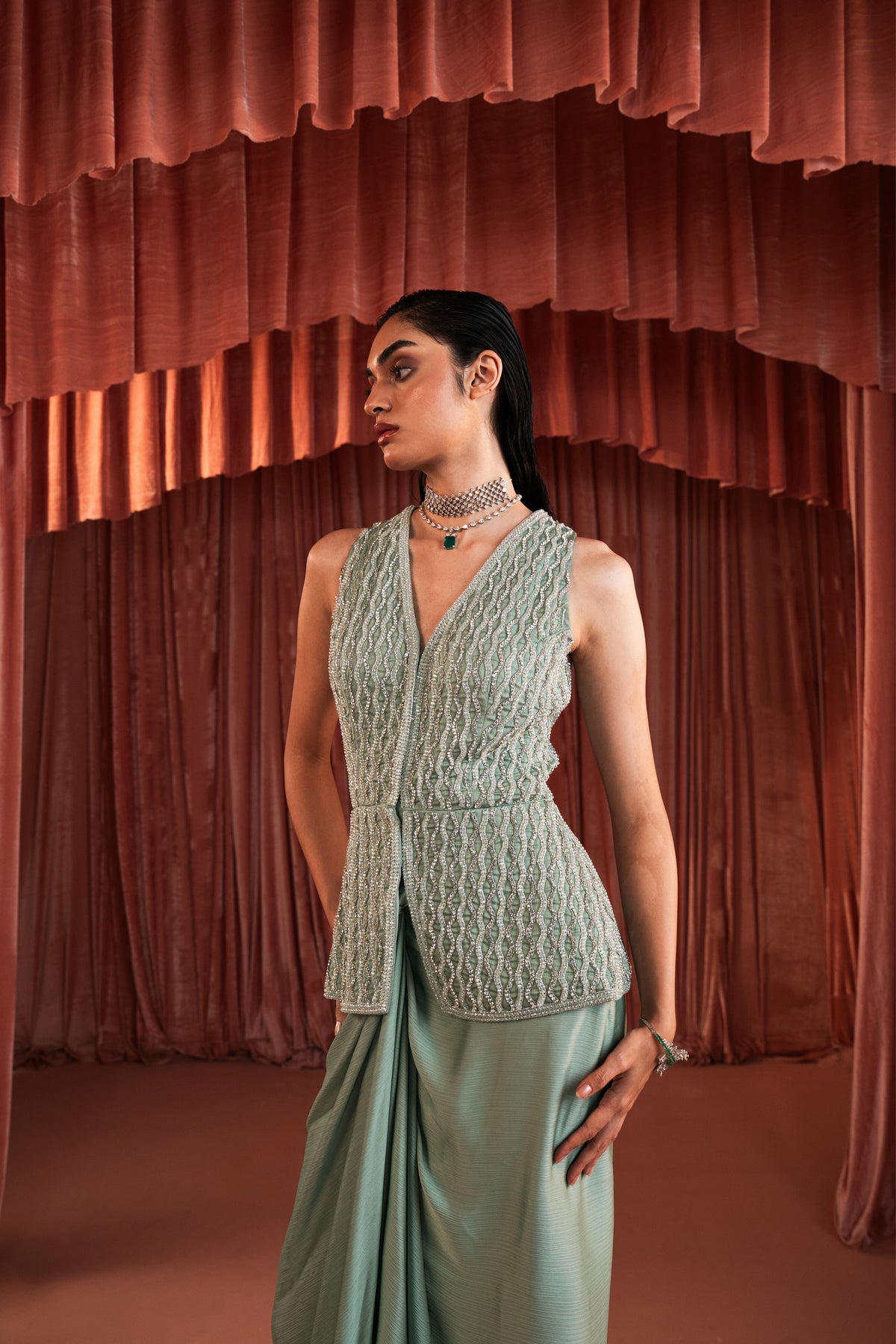 Sage Green Beaded Jacket Set