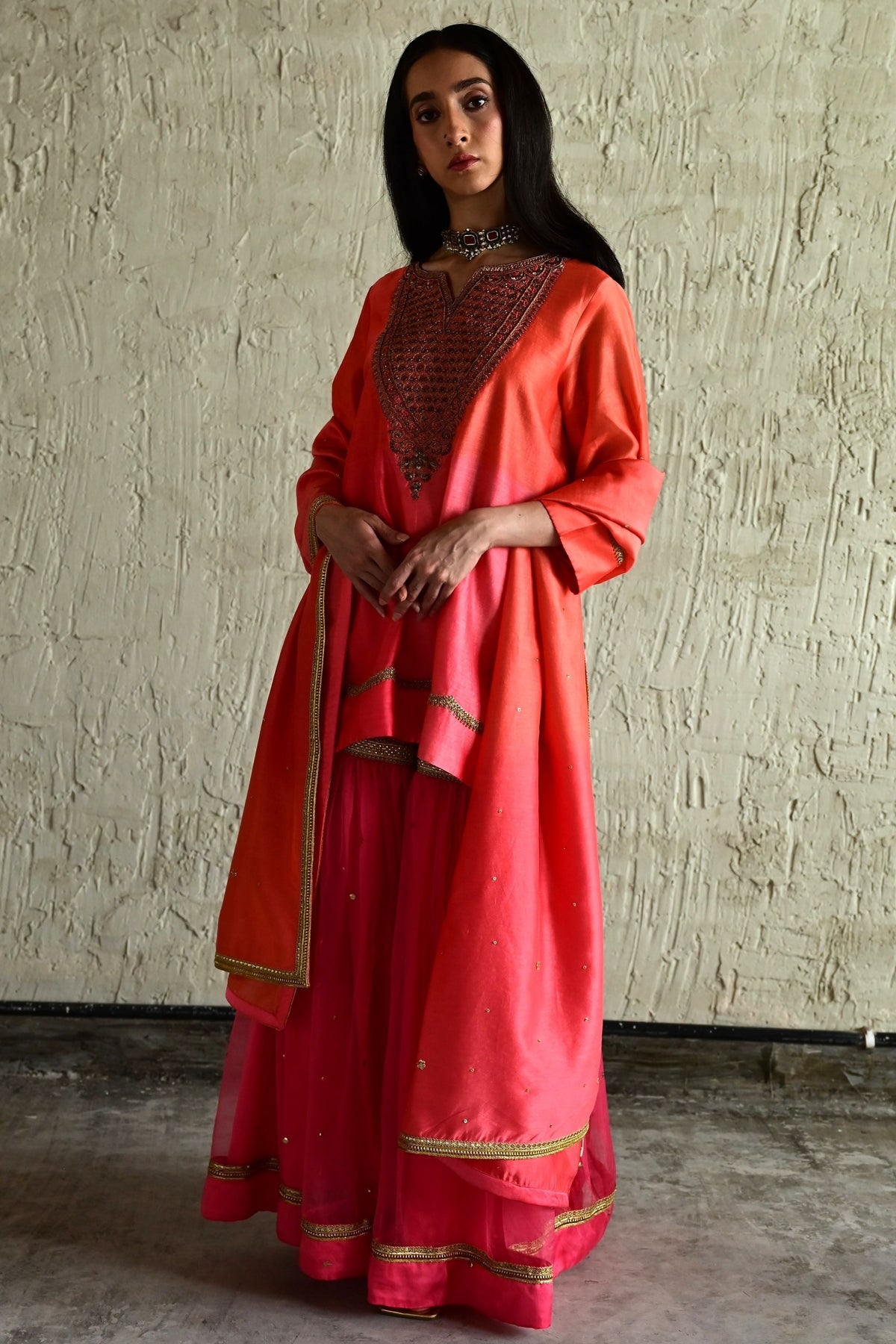 Coral Pink Ghevar Kurta Set