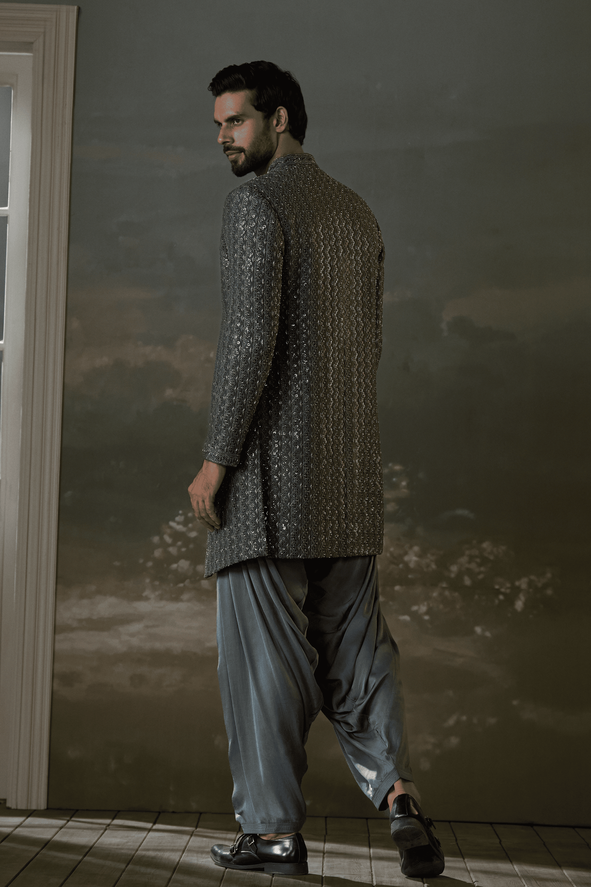 Grey Open Jacket With Kurta and Set
