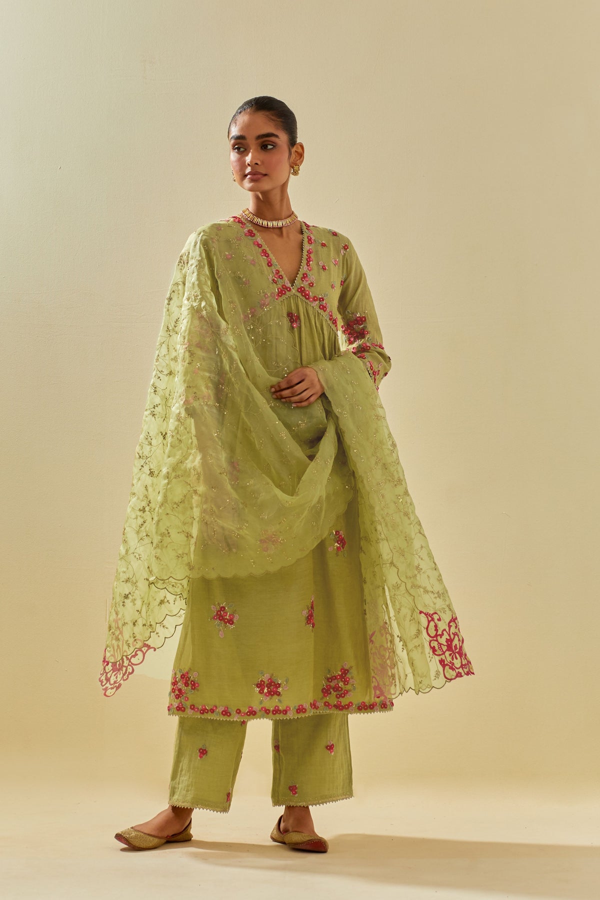 Green V Neck Kurta Set