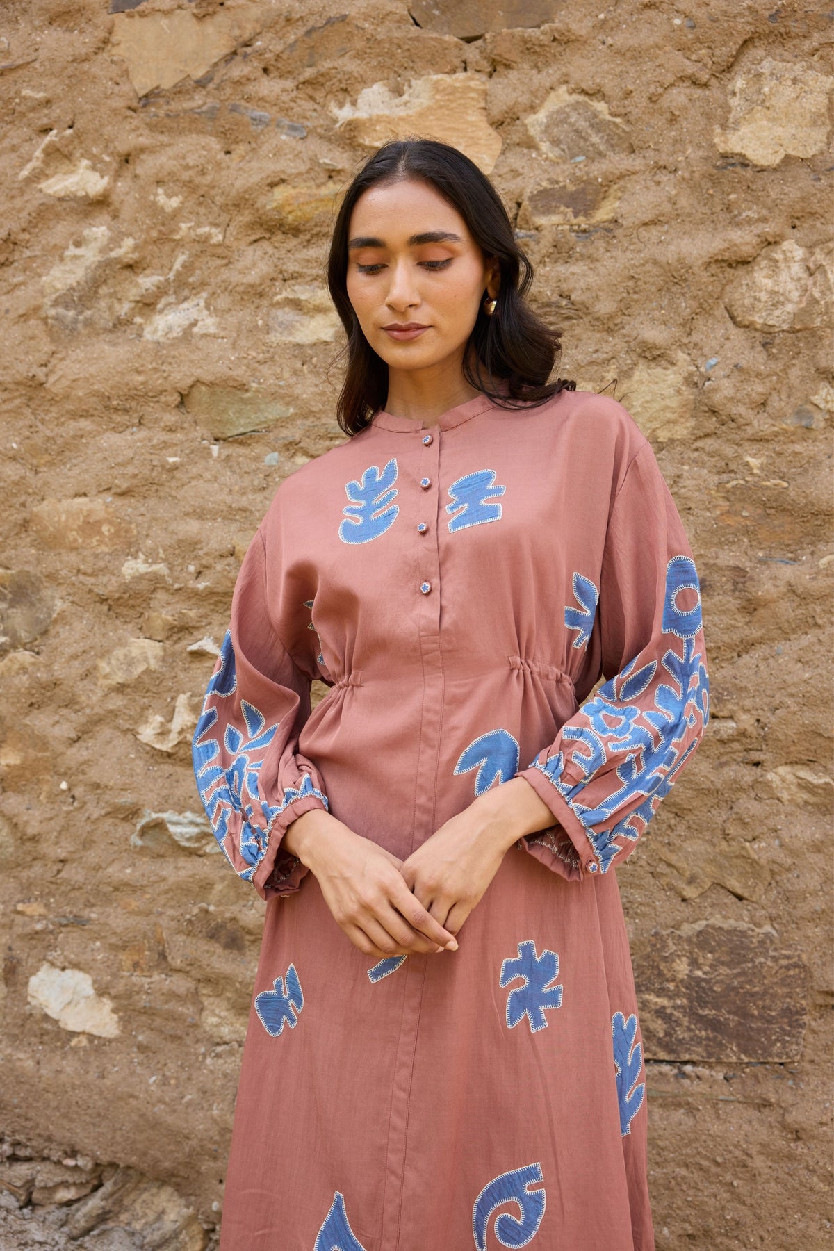 Brown Waist Tie Hand Appliqué Dress