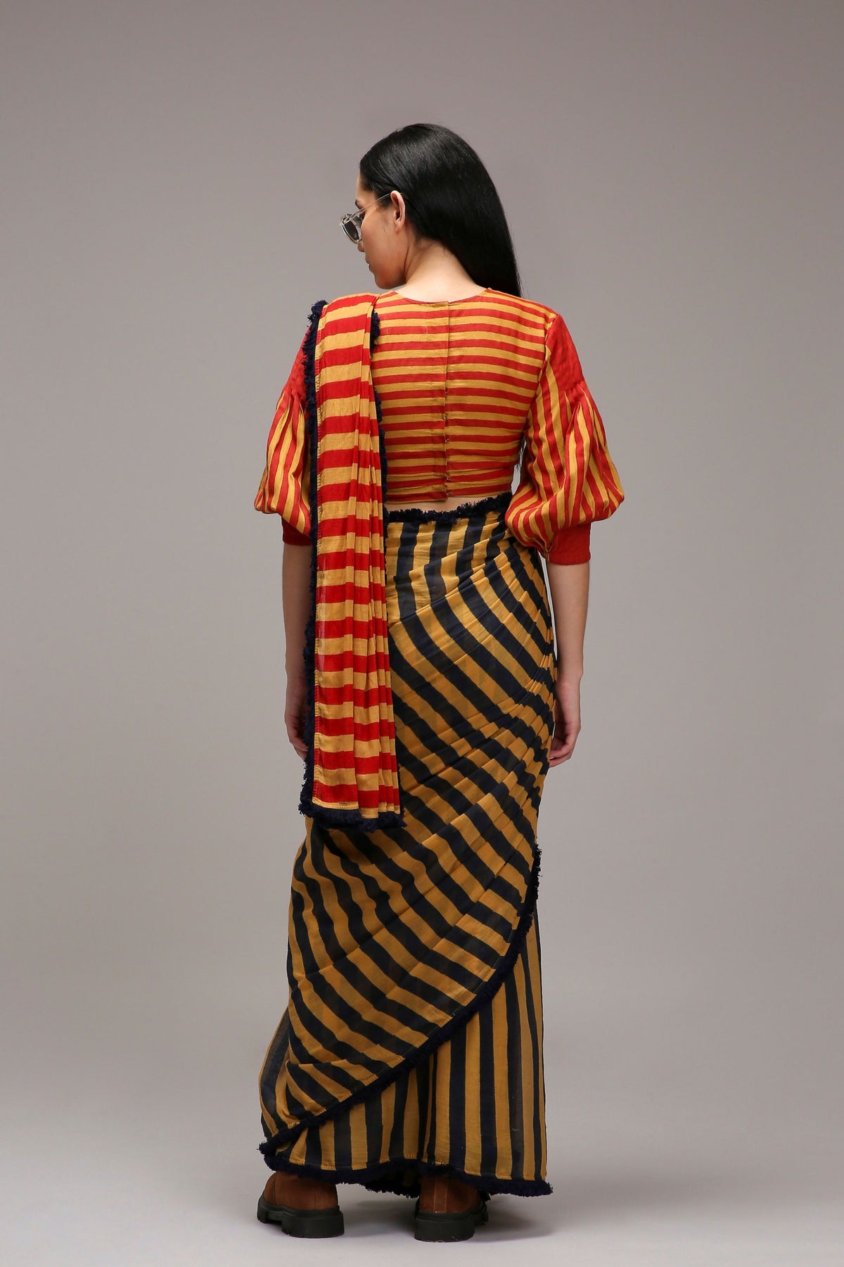 Tan-brown Crop Top & Dual Striped Saree Set