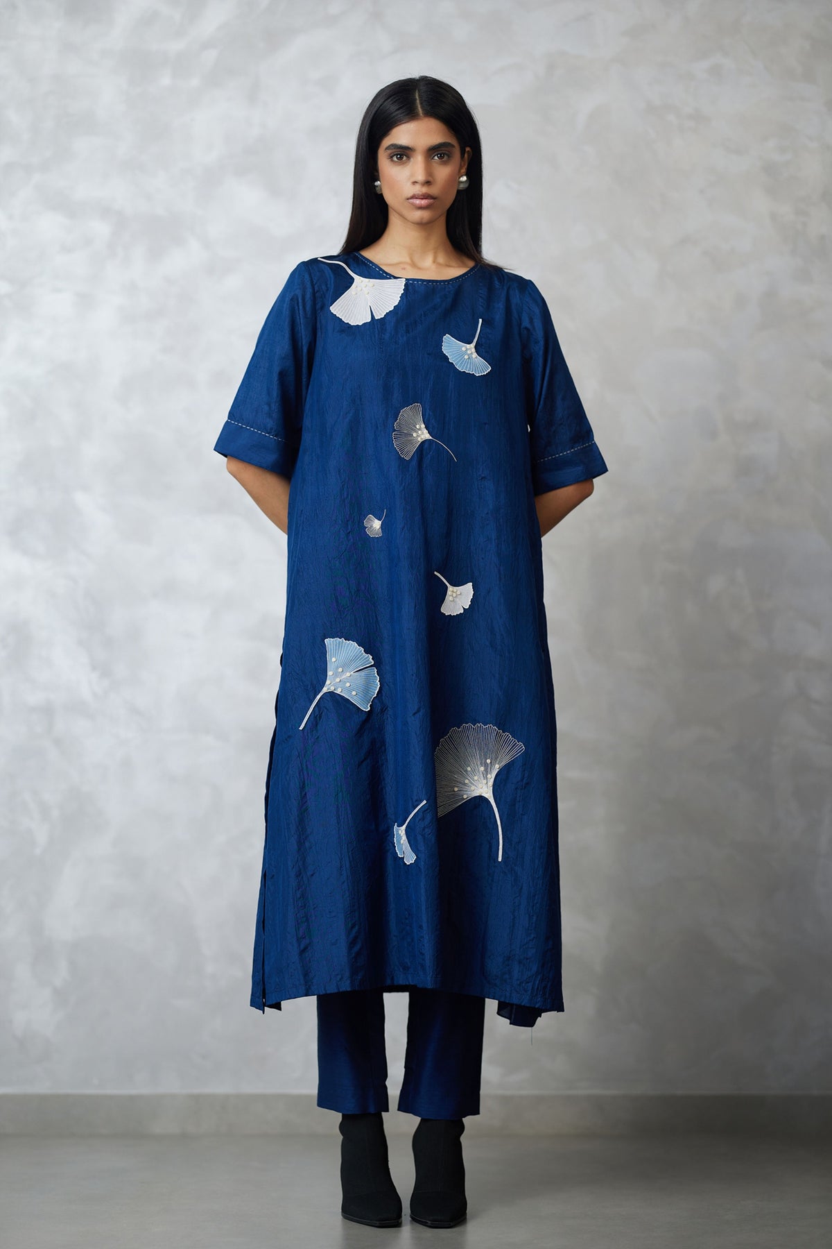 Indigo Ginkgo Silk Kurta