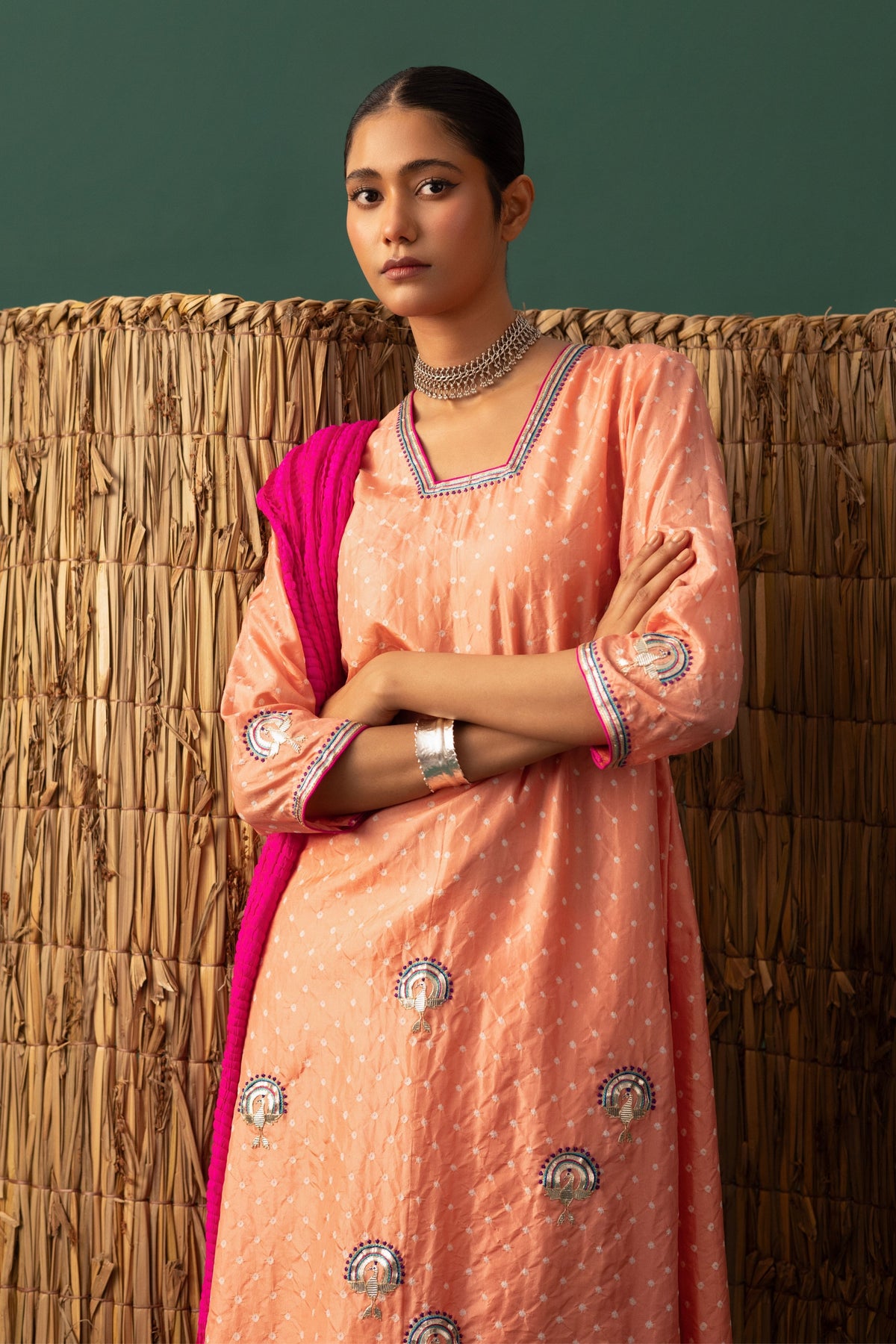 Peach Bandhani Gota Kurta Set