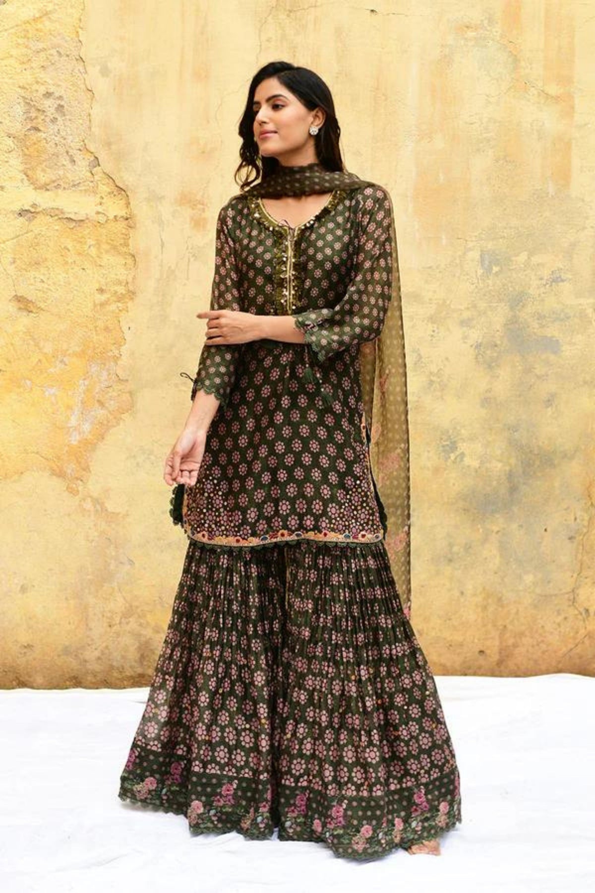 Green Dotted Cascade Sharara Set