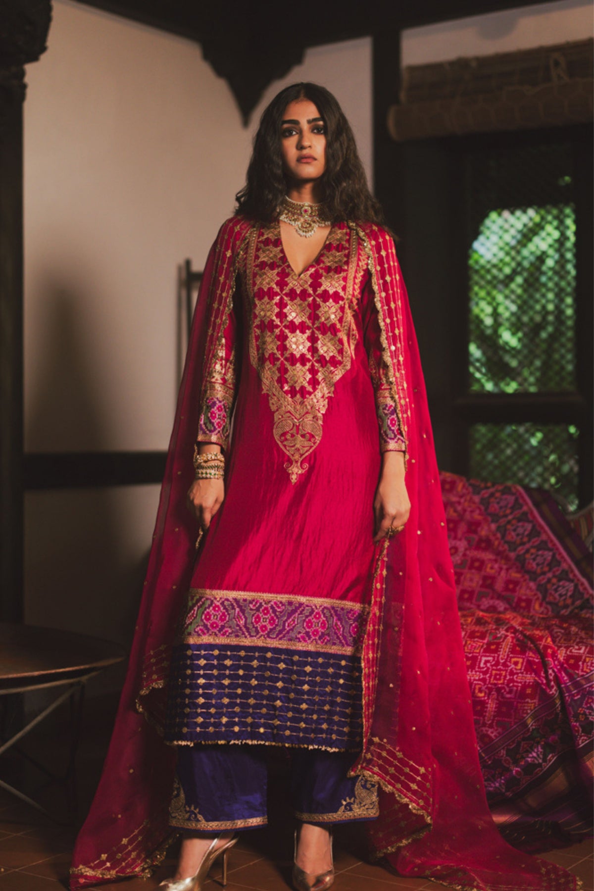 Magenta Lines Border Dupatta