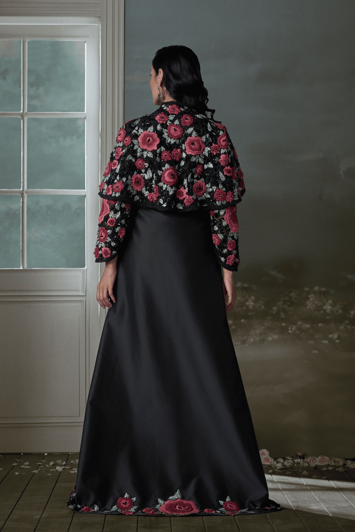 Floral Embroidered Black Long Dress  Set