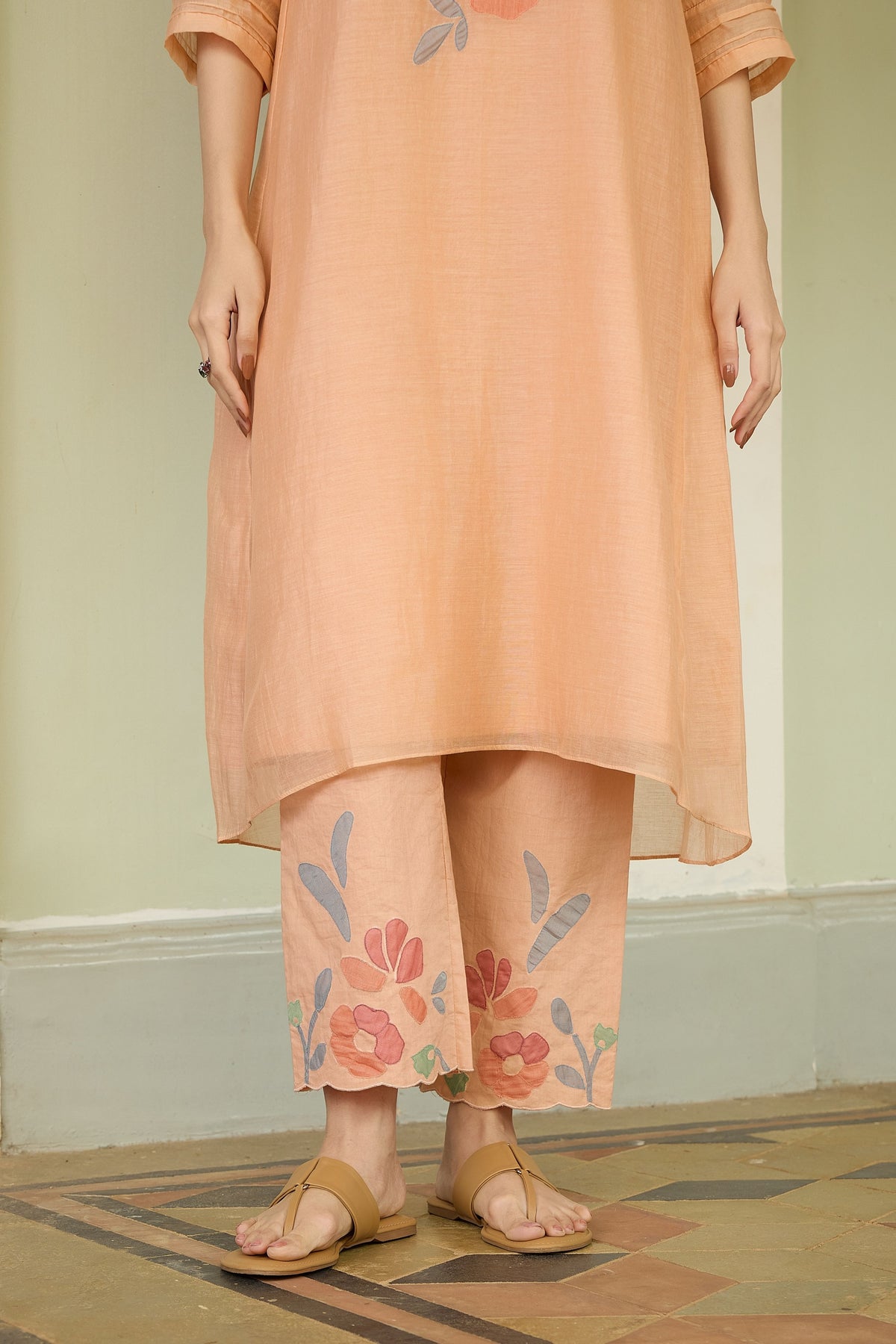 Peach Applique Floral Tunic Set