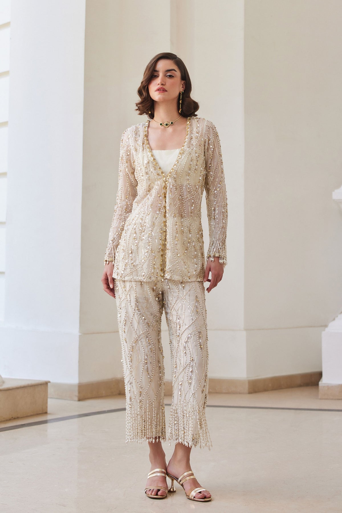 Pearl White Organza Pant-suit