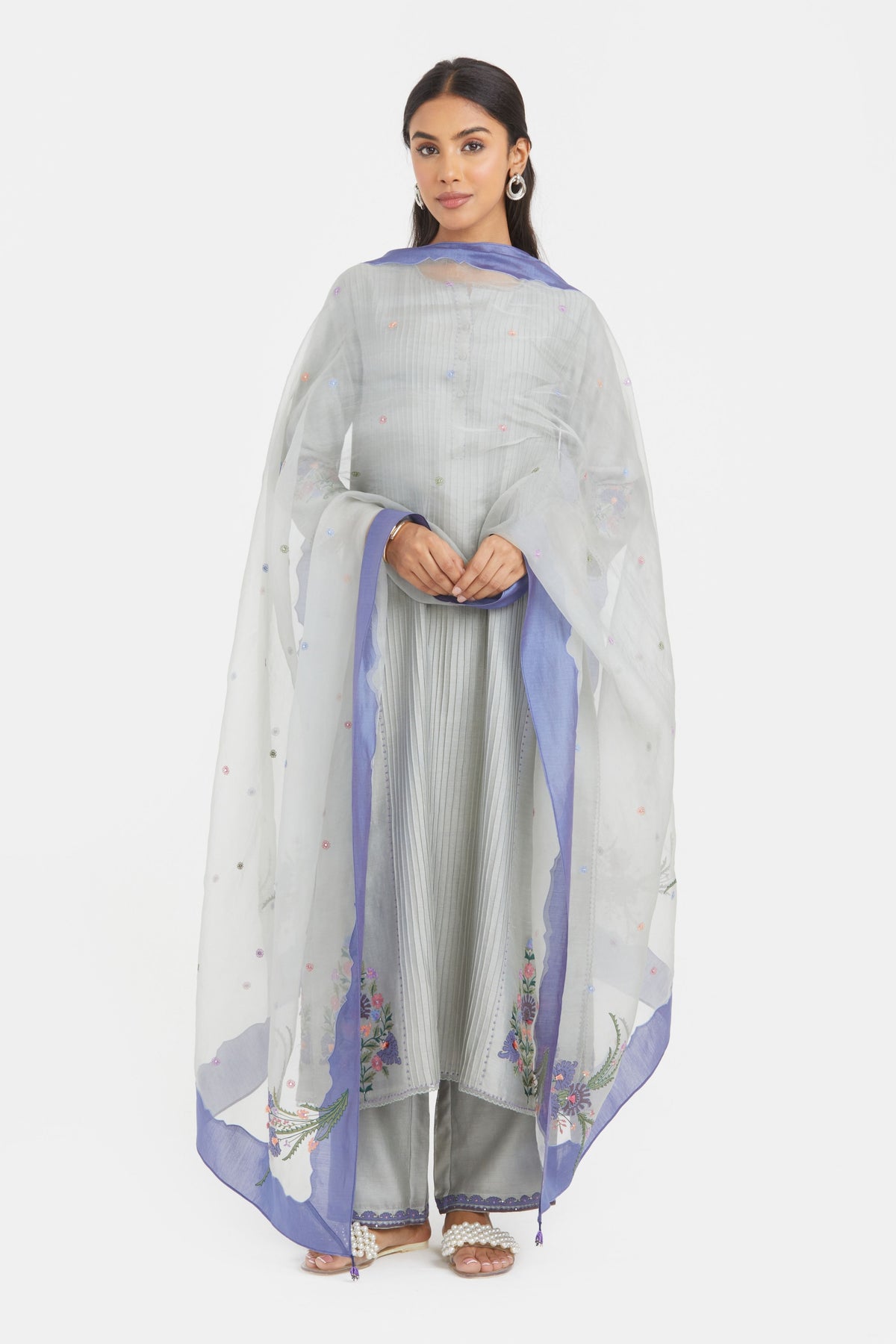 Bluish Grey Pintucks Kurta Set
