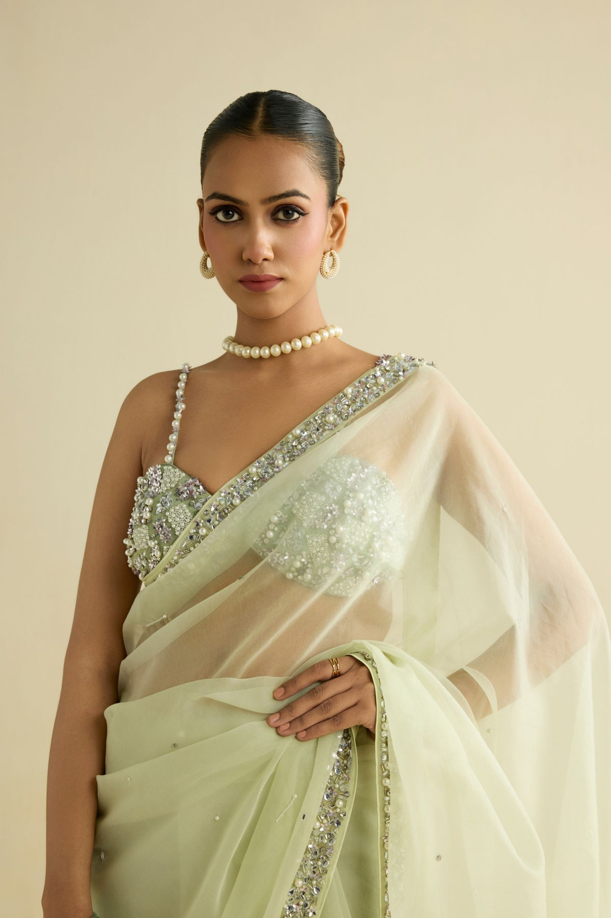 Sage Green Embroidered Saree Set