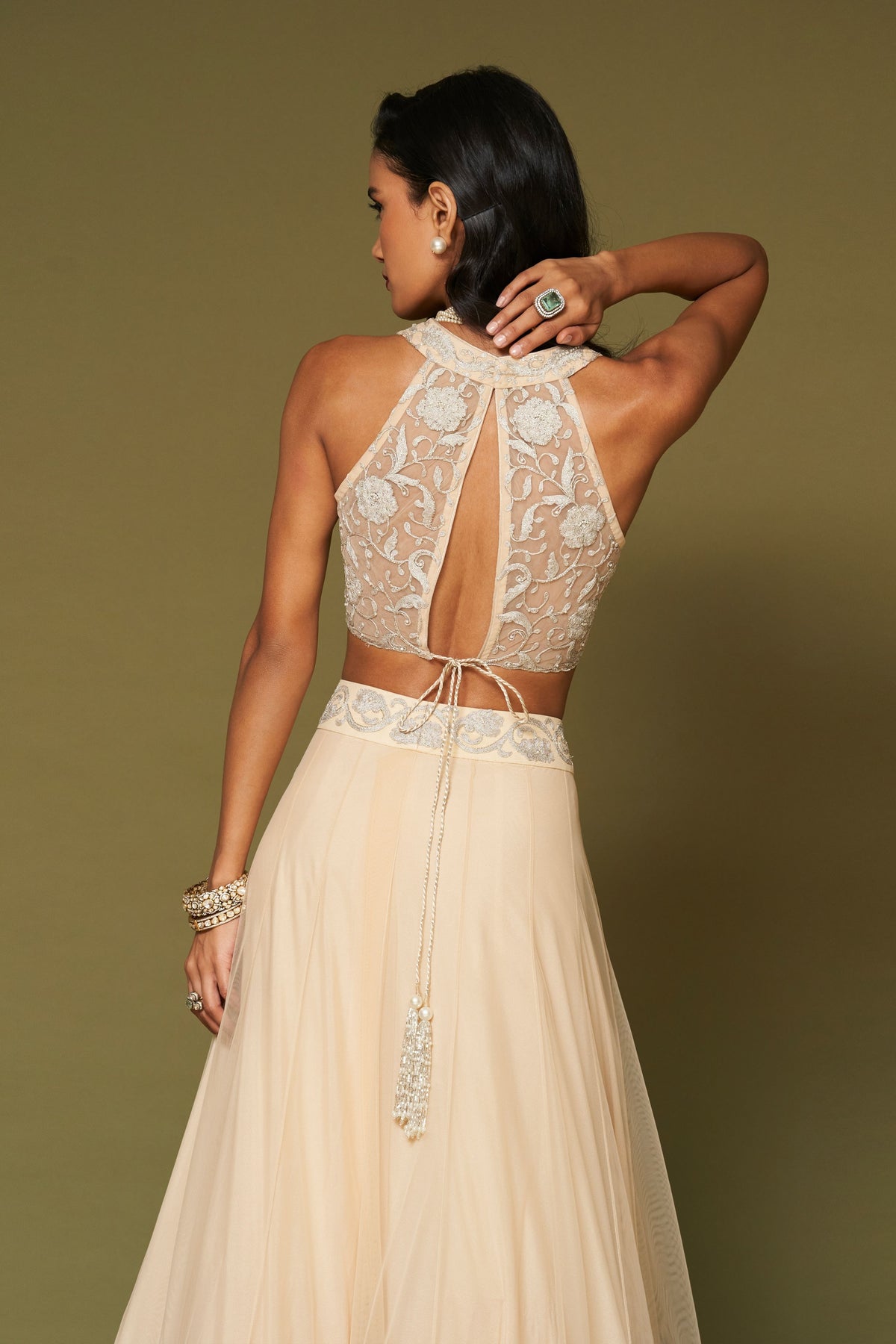 Almond Embroidered Net Lehenga Set