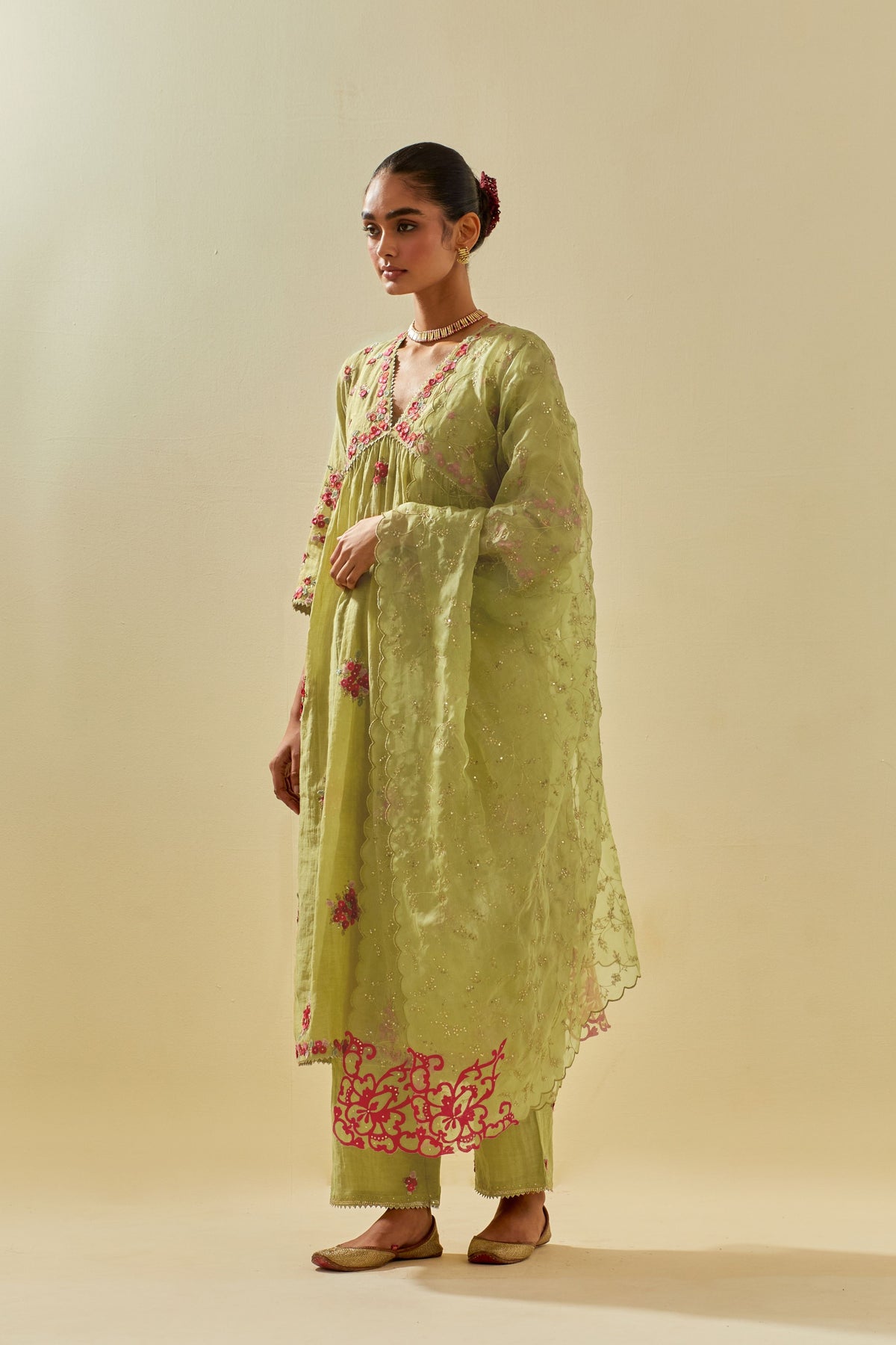 Green V Neck Kurta Set