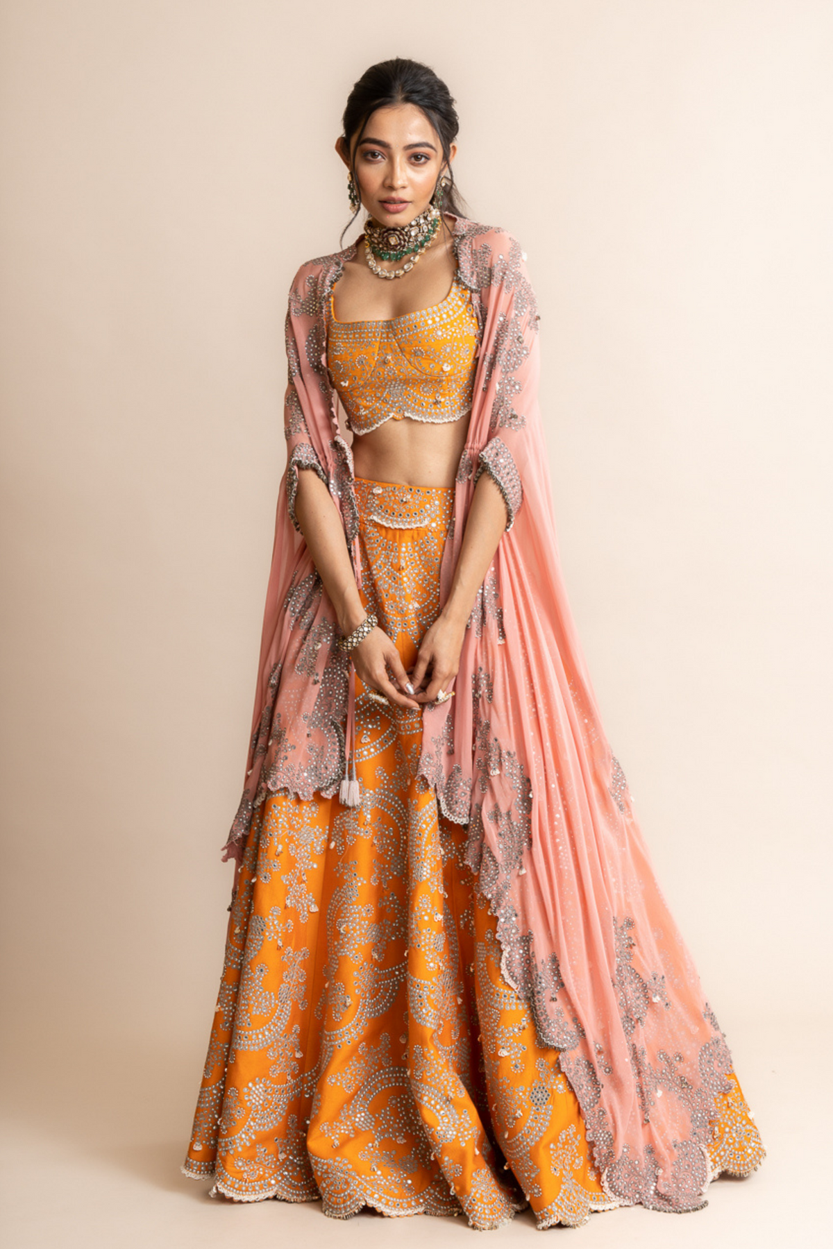 Embroidered Lehenga Set With Old Rose Cape Set