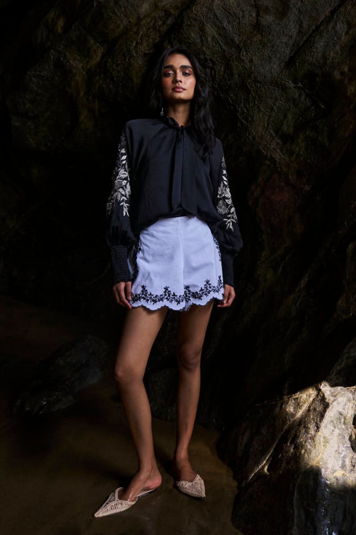 Embroidered Black Peasant Top