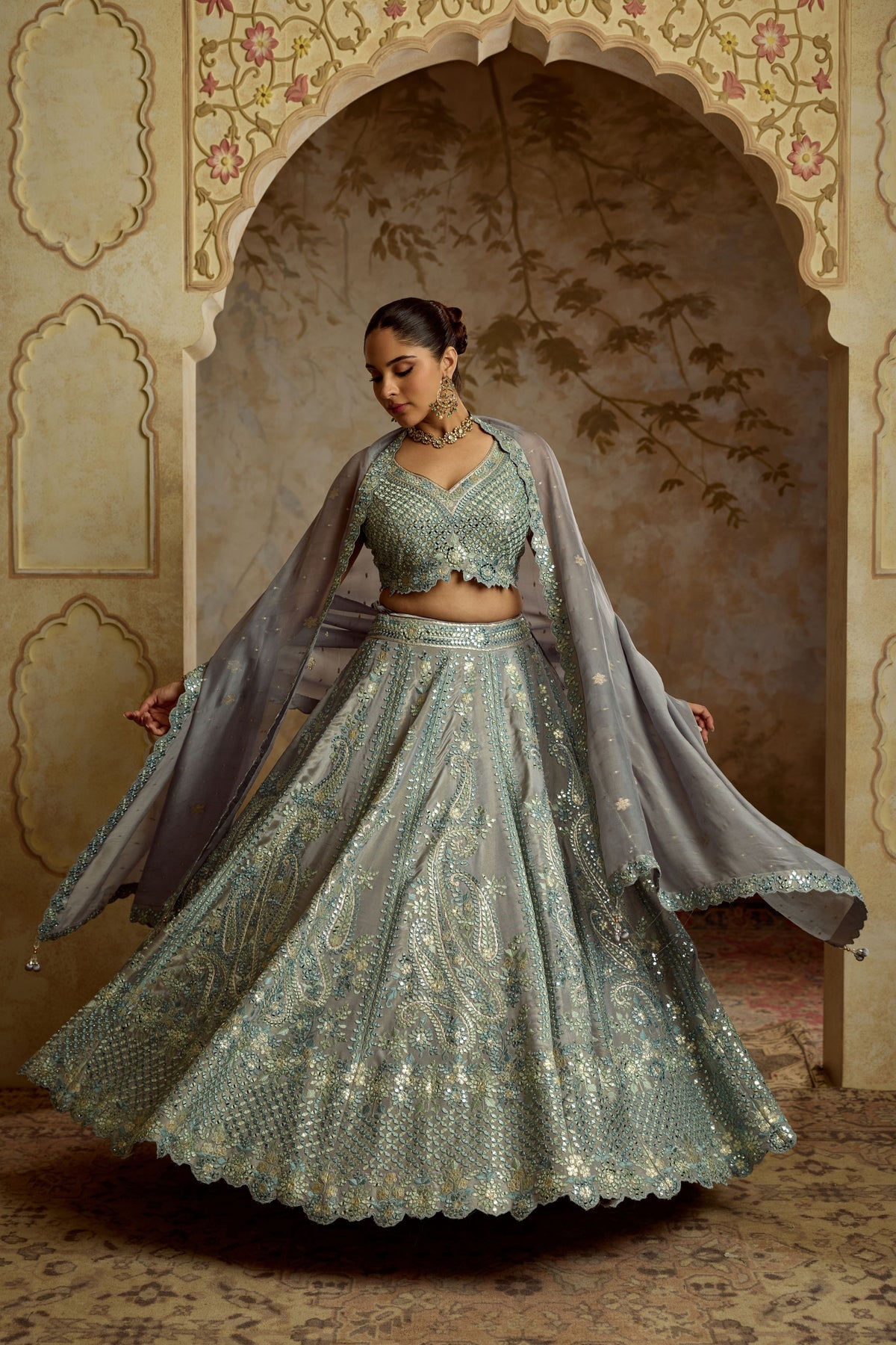 Grey Tissue Lehenga Set